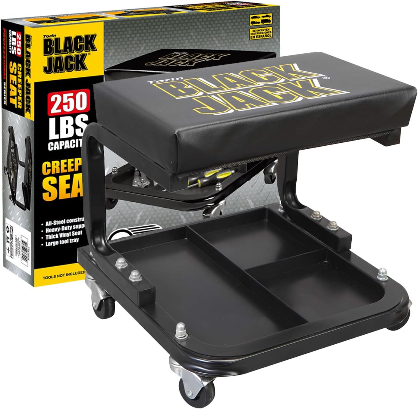 Torin TR6100W BlackJack Rolling Creeper Garage/Shop Seat: Padded Mechanic Stool with Tool Tray Storage, Black