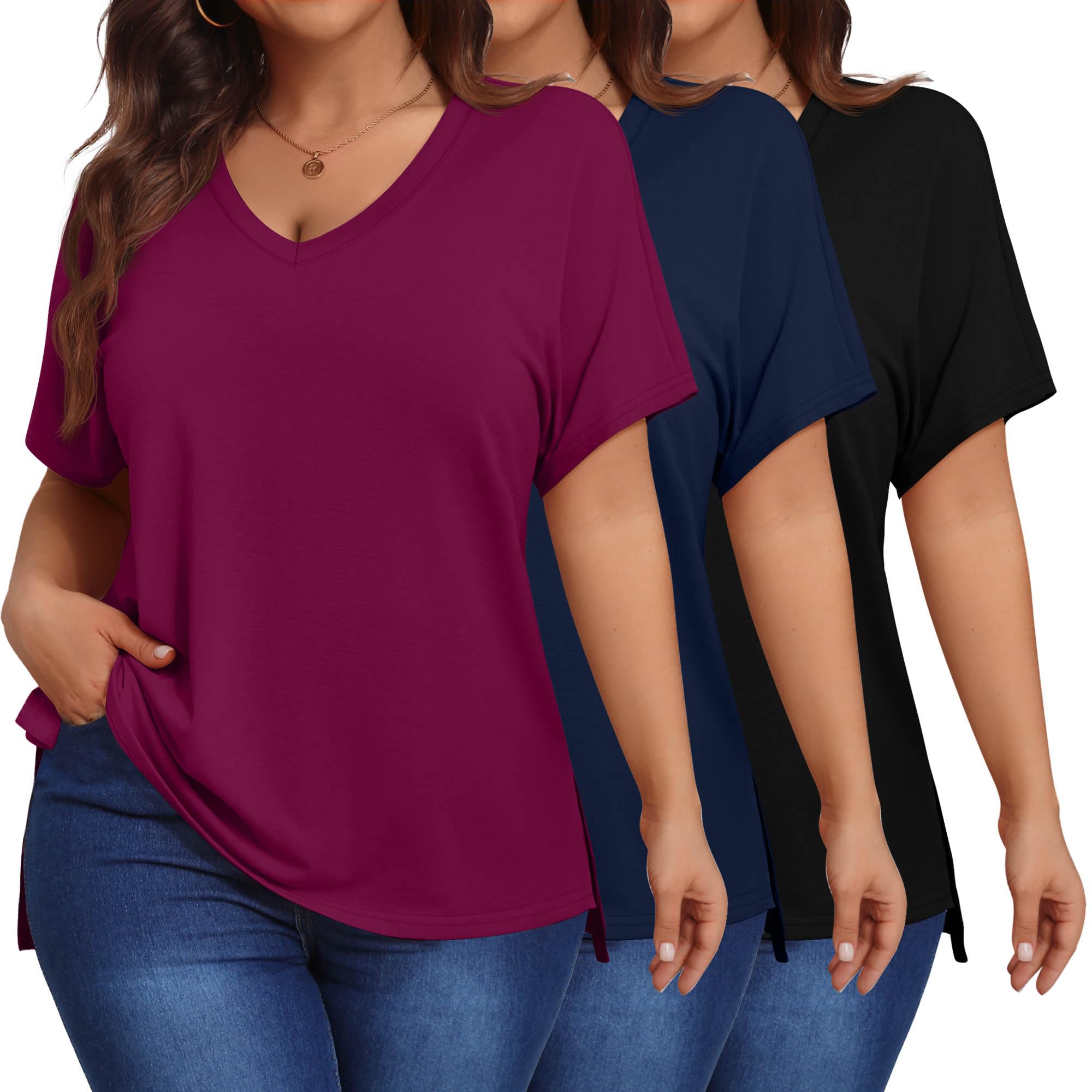 Ficerd 3 Pack Plus Size V Neck T-Shirts for Women, Short Sleeve Split Side High Low Hem Tunics Tops Basic Summer Tee Blouses