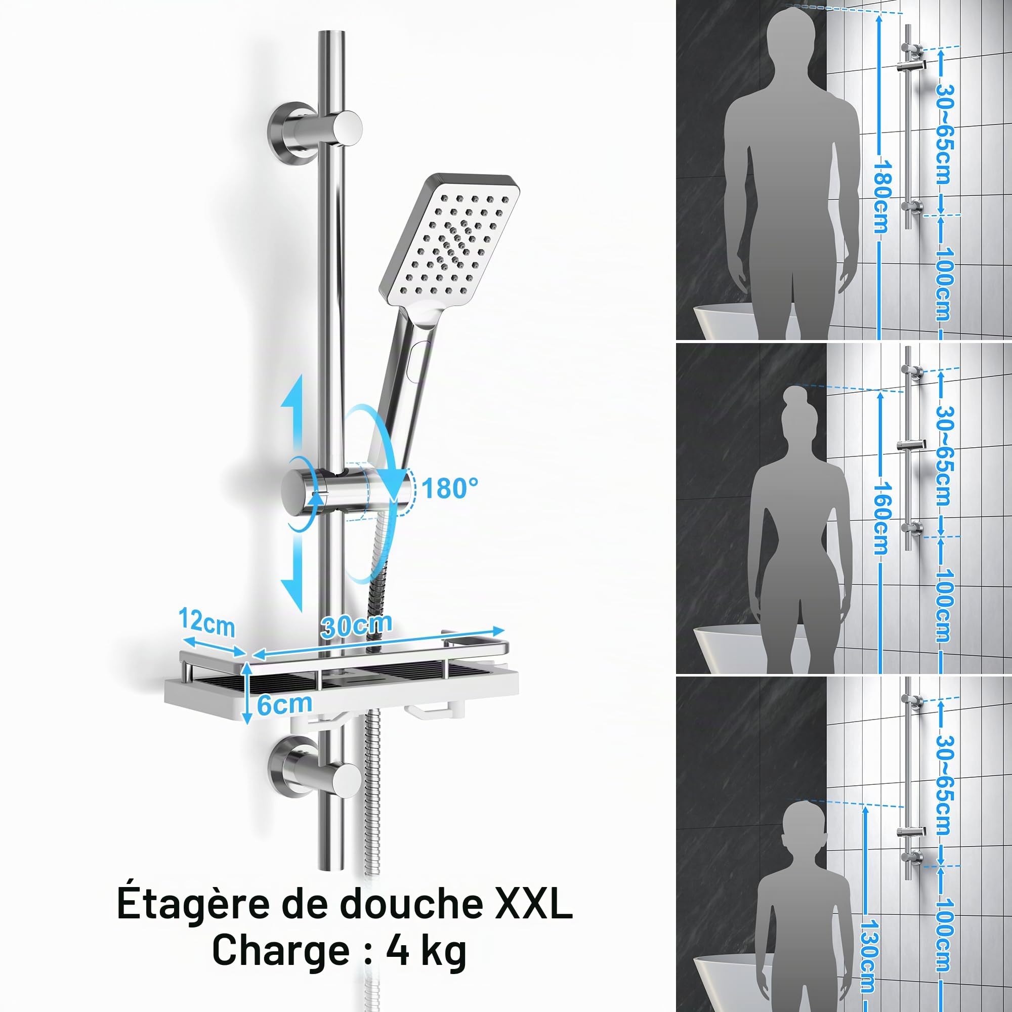 Görbach Colonne de Douche avec Étagère Douche, Barre de Douche INOX 70 cm Ensemble de Douche avec Douchette à main 3 Jets et Tuyau pour Salle de Bain, Rectangulaire, Chromée