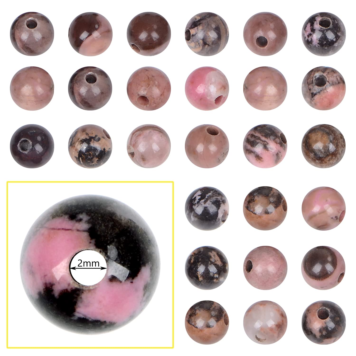 BymitelBymitel 8mm Beads Big Hole 2.0mm Sized Original Natural Stone Beads Gemstone Round Loose Beads 45pcs Energy Healing Strand Loose Beads for Jewelry Making Bracelets Anklets(8mm, Pink Black Rhodonite)
