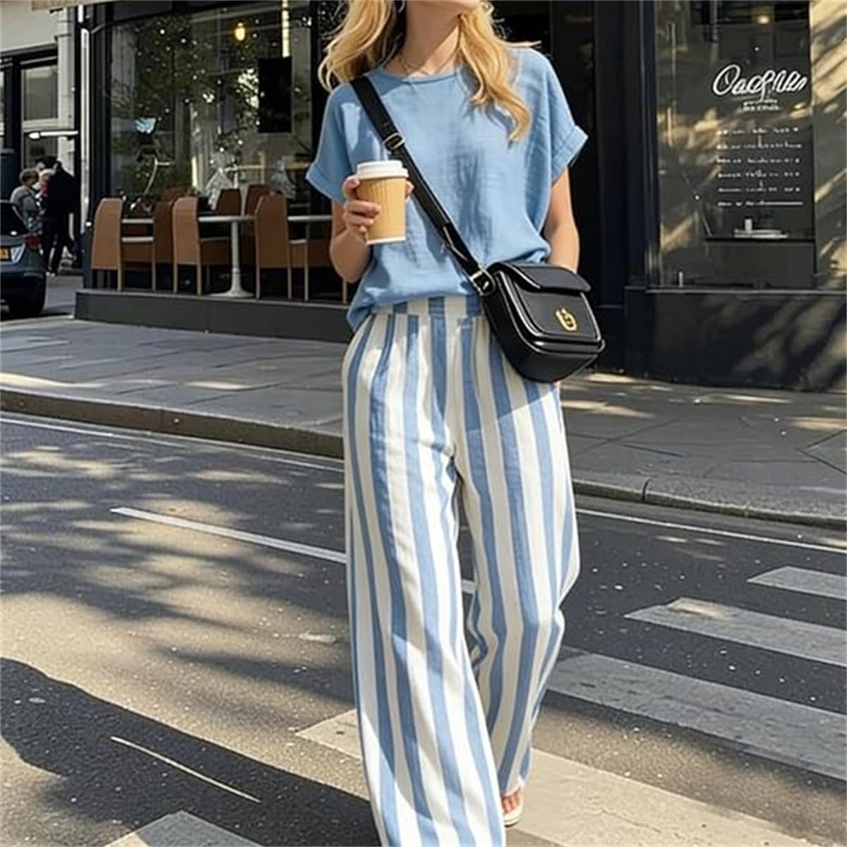Cozy Loose-fit Striped Cotton-linen Two-piece Set, Casual Shirt & Classic Striped Wide Leg Pants Outfit