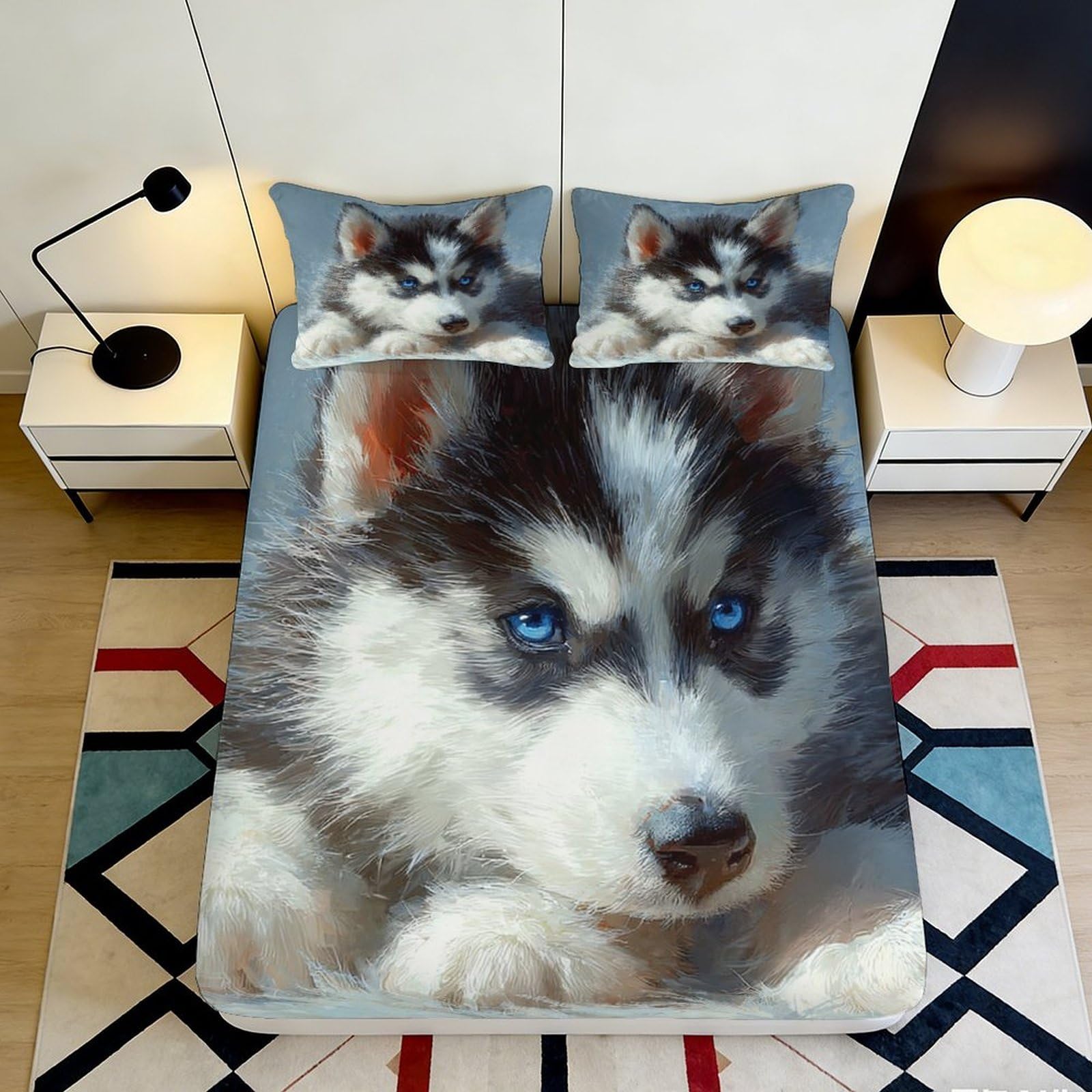 3D Printed Husky Dog Fitted Sheet Microfiber Soft Breathable Wolf Animal Bed Sheet for Bedroom Dorm Decor 90x200x25cm