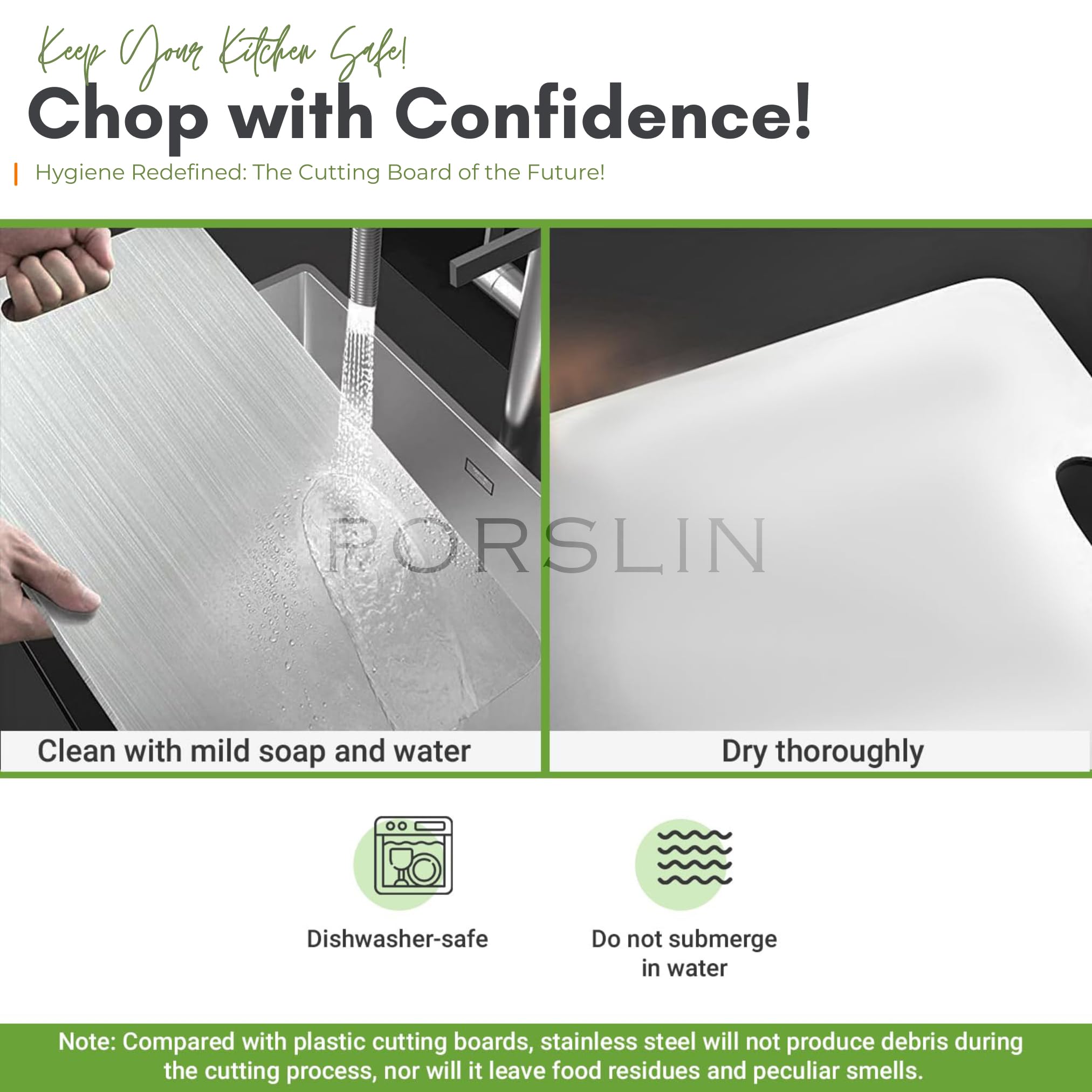 Porslin by Chef Stainless Steel Chopping Board, Chopping Board Steel Vegetable Cutting Board Steel for Kitchen Use, SS Chopper Board, Metal Cutter Board 31 X 21cm, Premium, Heavy Duty 3