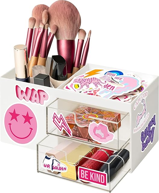 PANTIDE Preppy Office Desk Organizer with Drawer Desktop Storage Box for School Home with Y2k Smile Face Waterproof Stickers,Makeup Organizers,Back to School Stationery Holder Mini Storage Box(White)