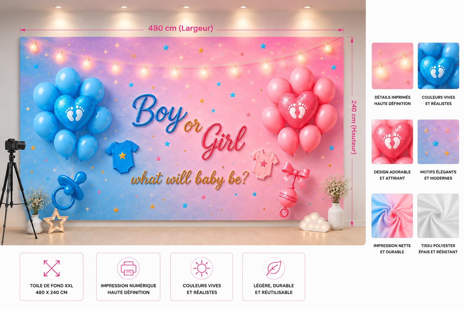ZENDA CLUB Toile de Fond Gender Reveal Grand Format 480 x 240 cm – Backdrop Professionnel Girl Or Boy Rose et Bleu – Décoration Baby Shower, Révélation Sexe Bébé