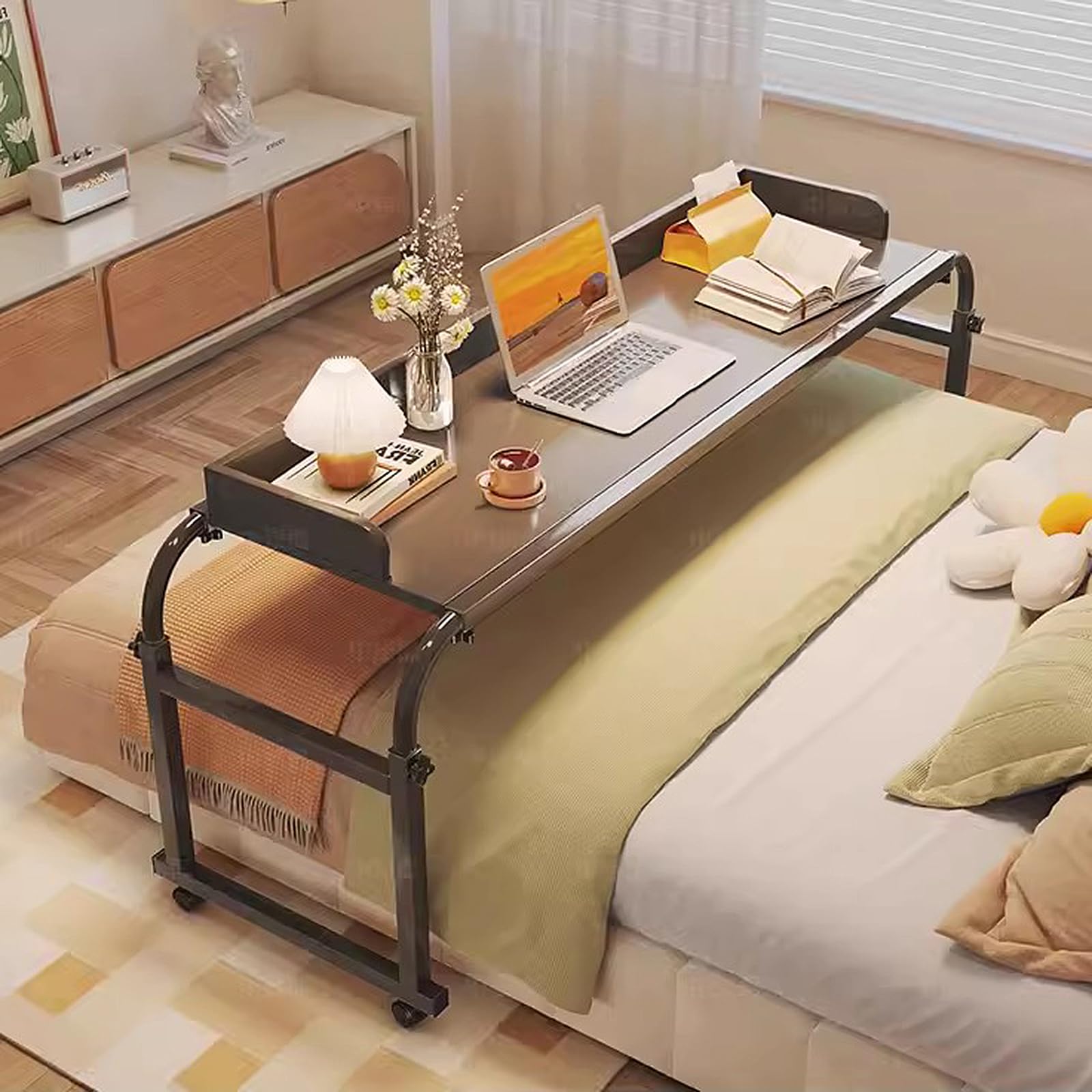 Overbed Table With Wheels, Rolling Desk Over Bed Adjustable Height Mobile Standing Laptop Table Over Bed King Queen With Headphone Hook Solid Wood Material For Home - View #9