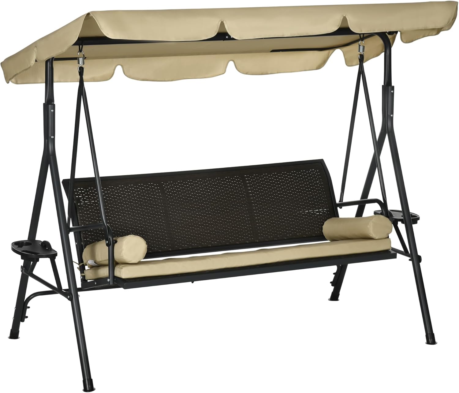 Outsunny 3-Seat Patio Swing Chair, Swing Bench for Outside w/Adjustable Shade, Removable Cushion and Rattan Seat, for Garden, Porch, Backyard, Poolside