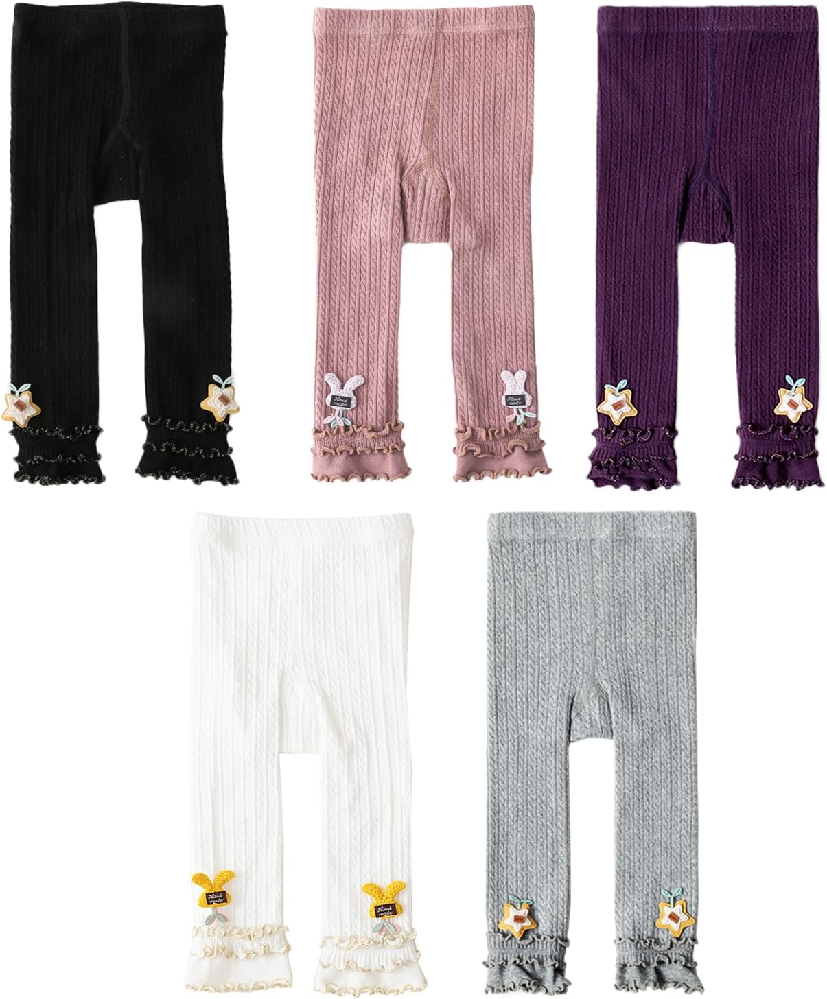 5 Packs Little Baby Girls Knit Footless Tights with Ruffle Cute Cartoon Pattern Ankle Length Leggings for Kids