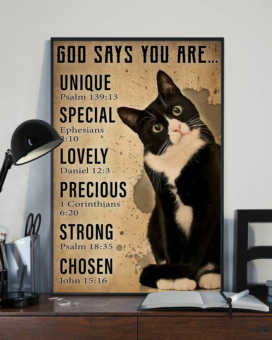 HOUVSSEN God Says You Are Unique Special Lovely Precious Strong Chosen Tuxedo Cat Poster Retro Art Metal Signs Wall Decoration For Garage Cafe Bar Man Cave Funny Wall Decor Metal Tin Sign 8x12 Inch