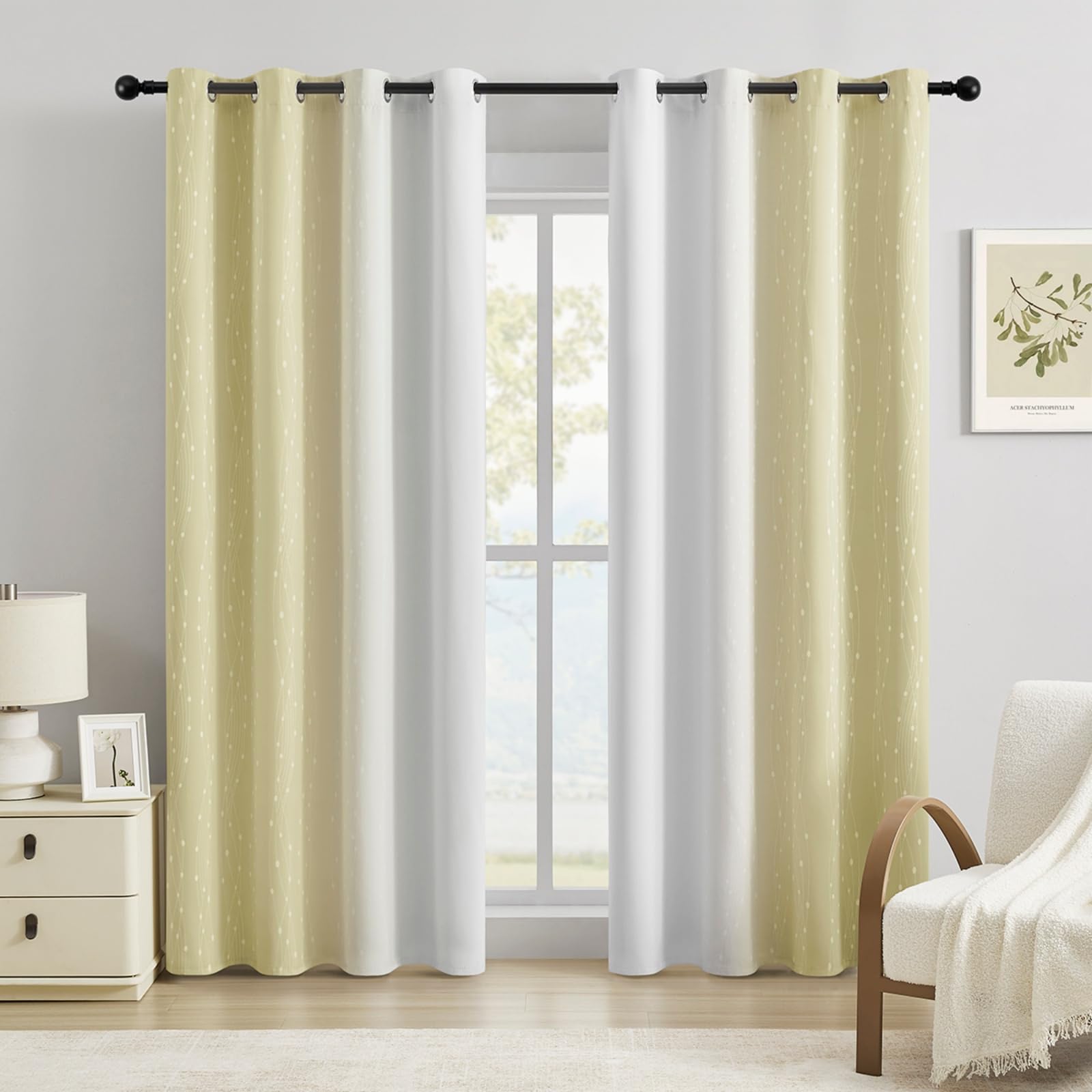 Gazal Vole Light Yellow Curtains, Ombre Waves & Dots, Eyelet, 87inch drop