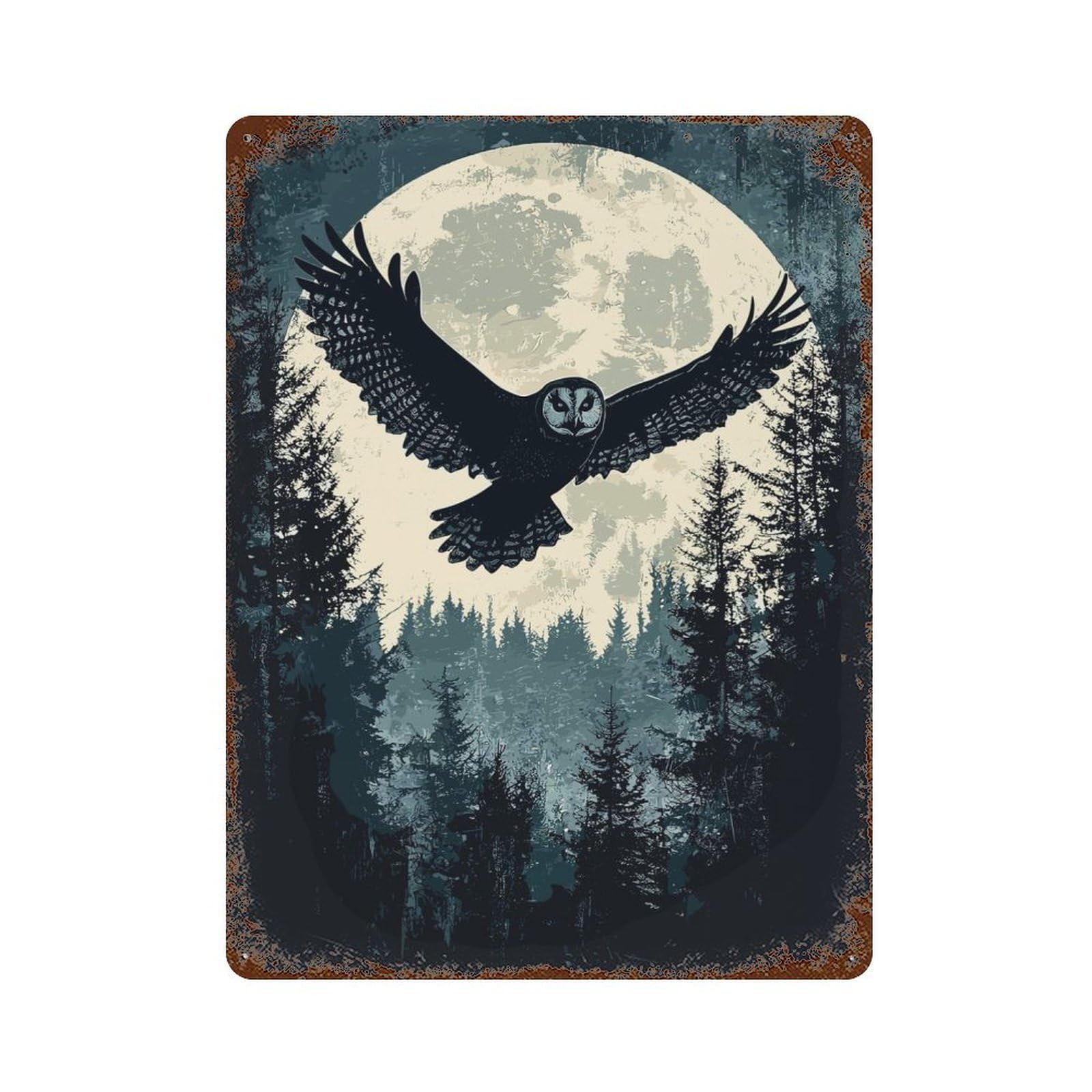 Garage Style Owl Flying Moonlit Forest Rustic Tin Plaque 15.7"x11.8", Classic Wall Plaque for Bar And Workshop