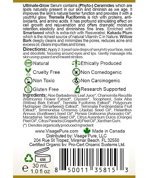 Ultimate Glow - Brightening, Clarifying, Hydrating and Pores Minimizing Face Serum - High Concentration Organic Vitamin C, Phyto-Ceramides, Tremella, and The Pores Cleaning Willow Bark - USDA Organic - Physician Formulated - Research Supported