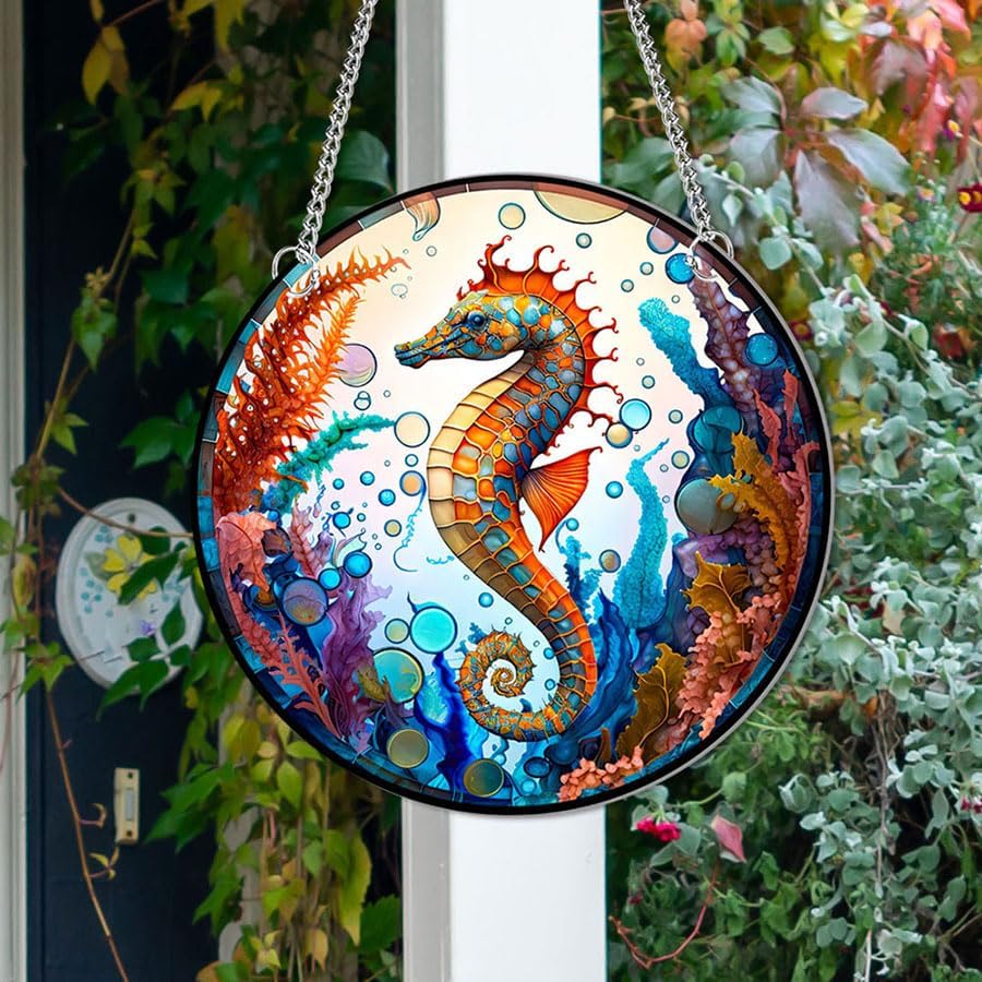 Miniatura 3 de Caballito de mar acrílico manchado para colgar en la ventana, decoración de pared de caballito de mar acrílico del océano, vitral, para colgar en la