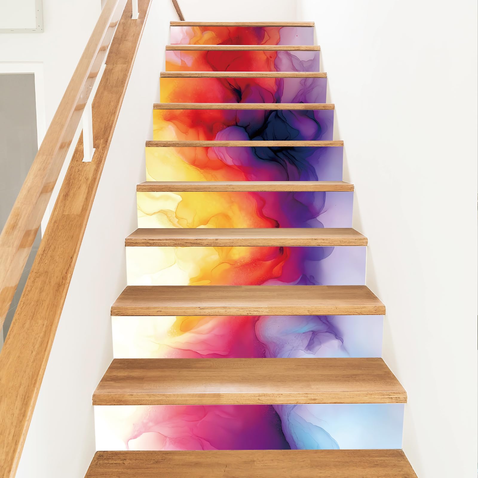 PLIGREAT 15 Strips Modern Art Style Stair Riser Decals, Peel and Stick Stair Stickers for Steps 18x100cm Self-Adhesive Vinyl Abstract Watercolor Smudge Staircase Murals for Home Hotel Decorative
