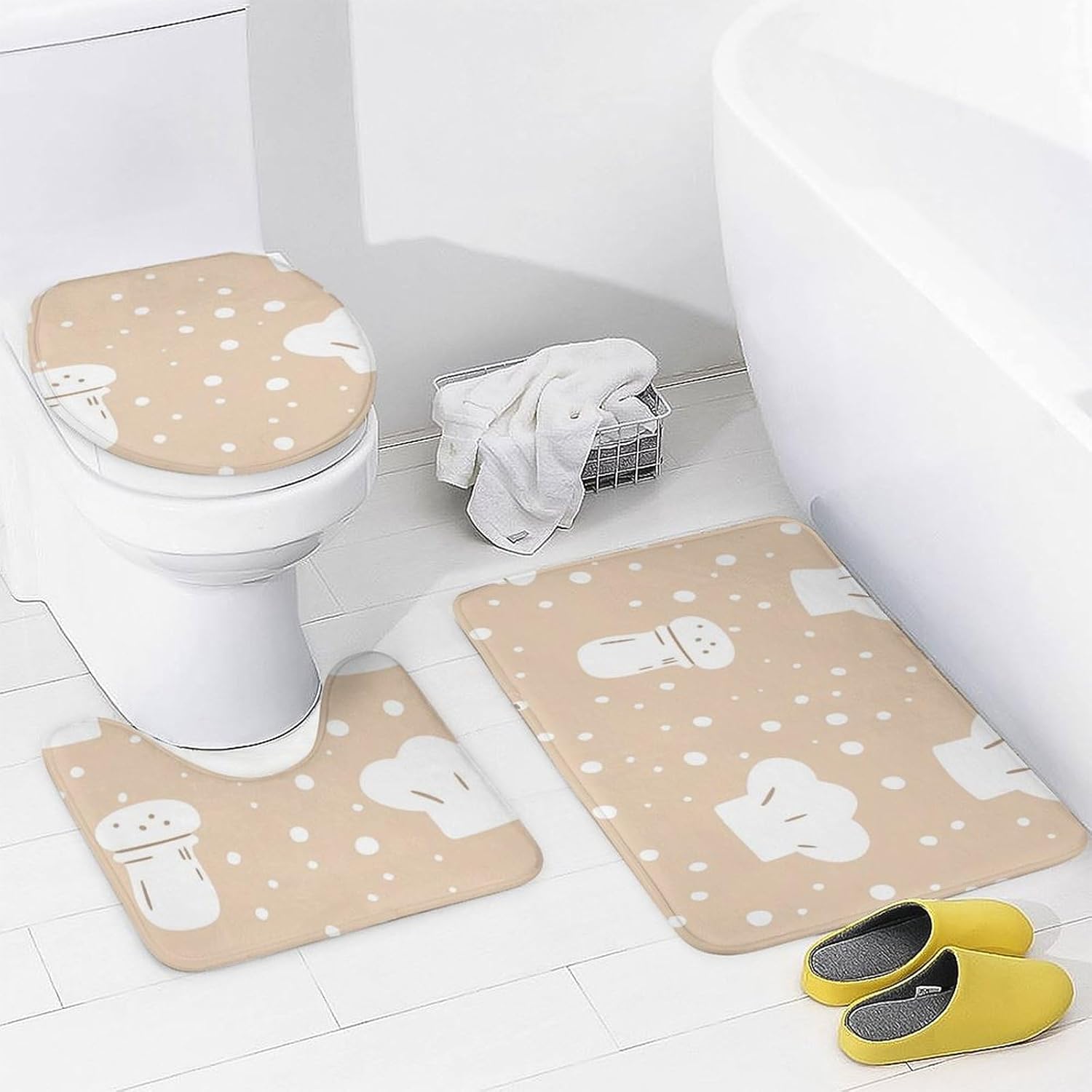 Chef Hat Egg Beater Pepper Shaker Modern Bathroom Sets with Shower Curtain and Rugs Decor 4 Pcs with 12 Hooks