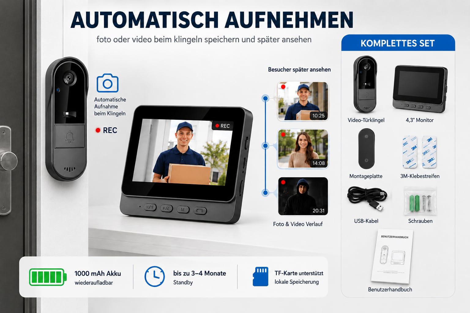 Zeerkeer Funkklingel mit Kamera Türklingel mit Kamera 2.4g Video Türklingel Kabellos mit Video-Zwei-Wege-Sprechanlage, 170 ° Großer Weitwinkel, Erfassung, Echtzeit-Ansicht, Regenfest