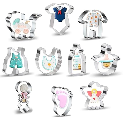 Baby Shower Cookie Cutter Set - 10 Piece - Baby Carriage, Onesie, Baby Romper, Bib, Bottle, Pacifier, Rattle, Foot, Angel Shaped Stainless Steel Cookie Cutters Molds for Kids Birthday Party Supplies