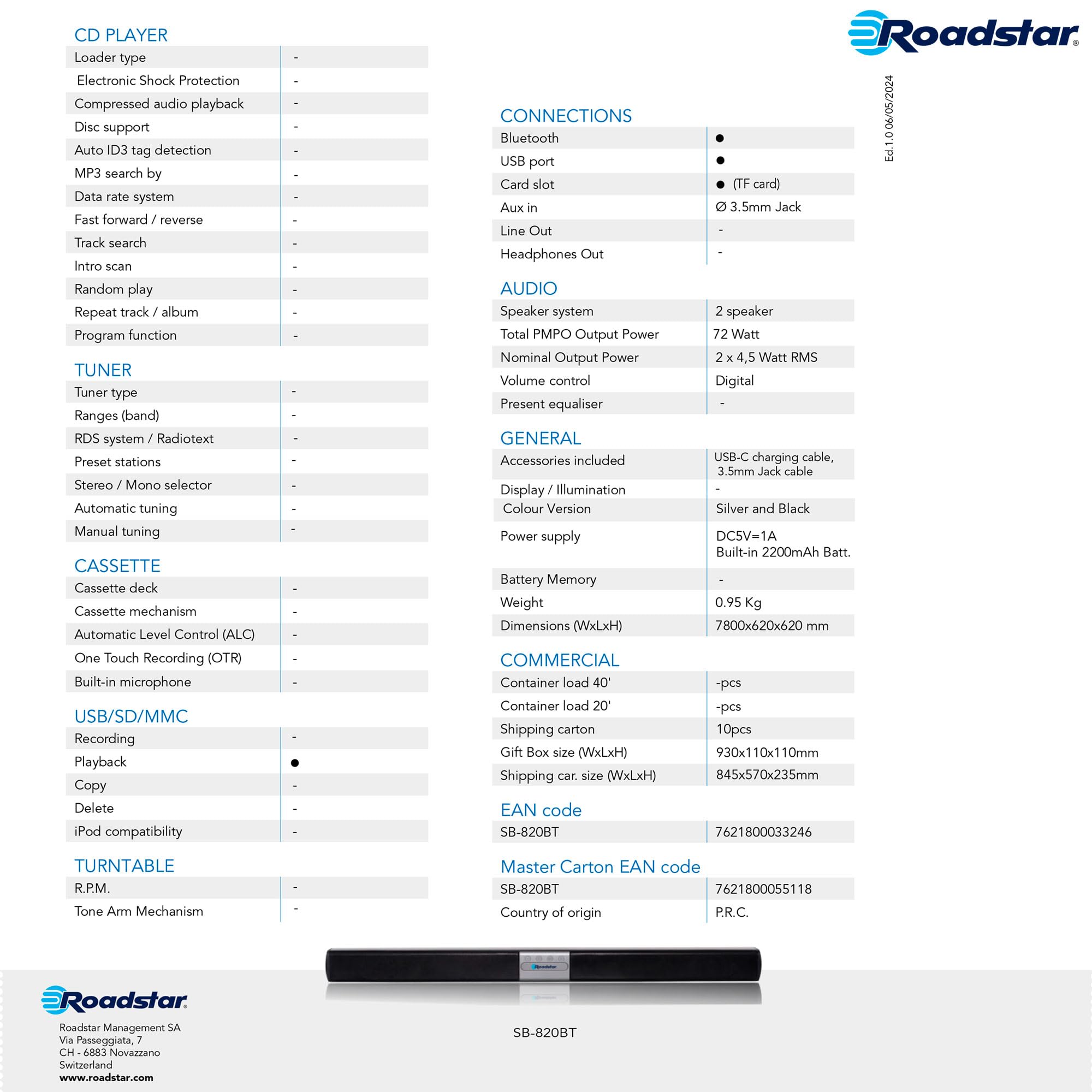 Roadstar Barra de Sonido TV Bluetooth Soundbar HI FI para Televisor o Pc, Altavoces Estéreo 72W, Reproducción RCA, AUX y USB, Inalámbrica, Batería Recargable 2200 mAh, SB820BT