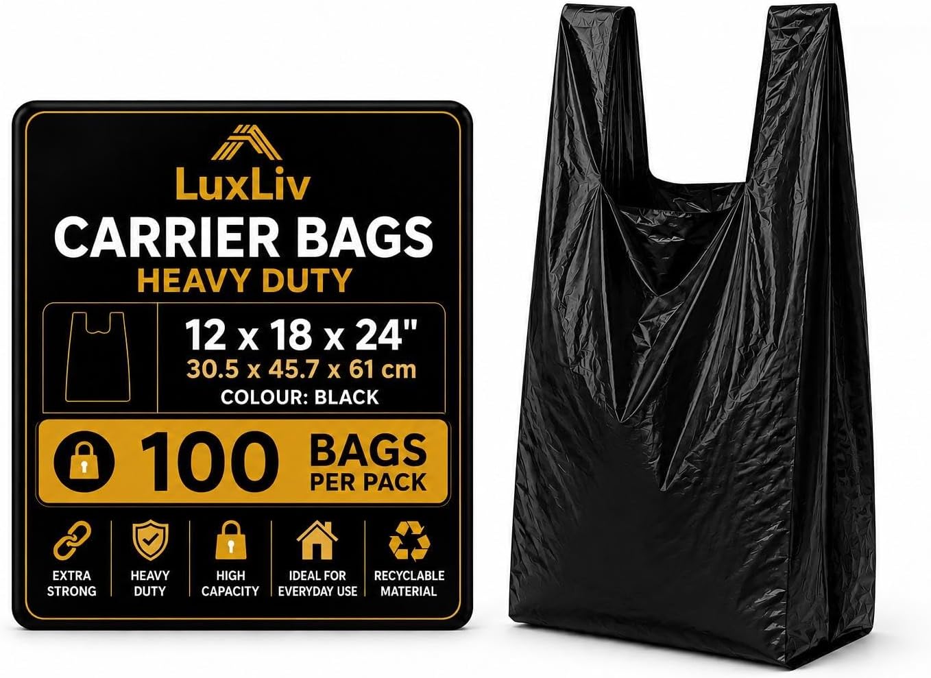 Reusable Heavy Duty Black Plastic Shopping Bags with Handles, T-Shirt Grocery Carrier Bags, 12 x 18 x 24 Inch, HDPE Retail, Convenience Store & Takeout Bags, 100 Pack