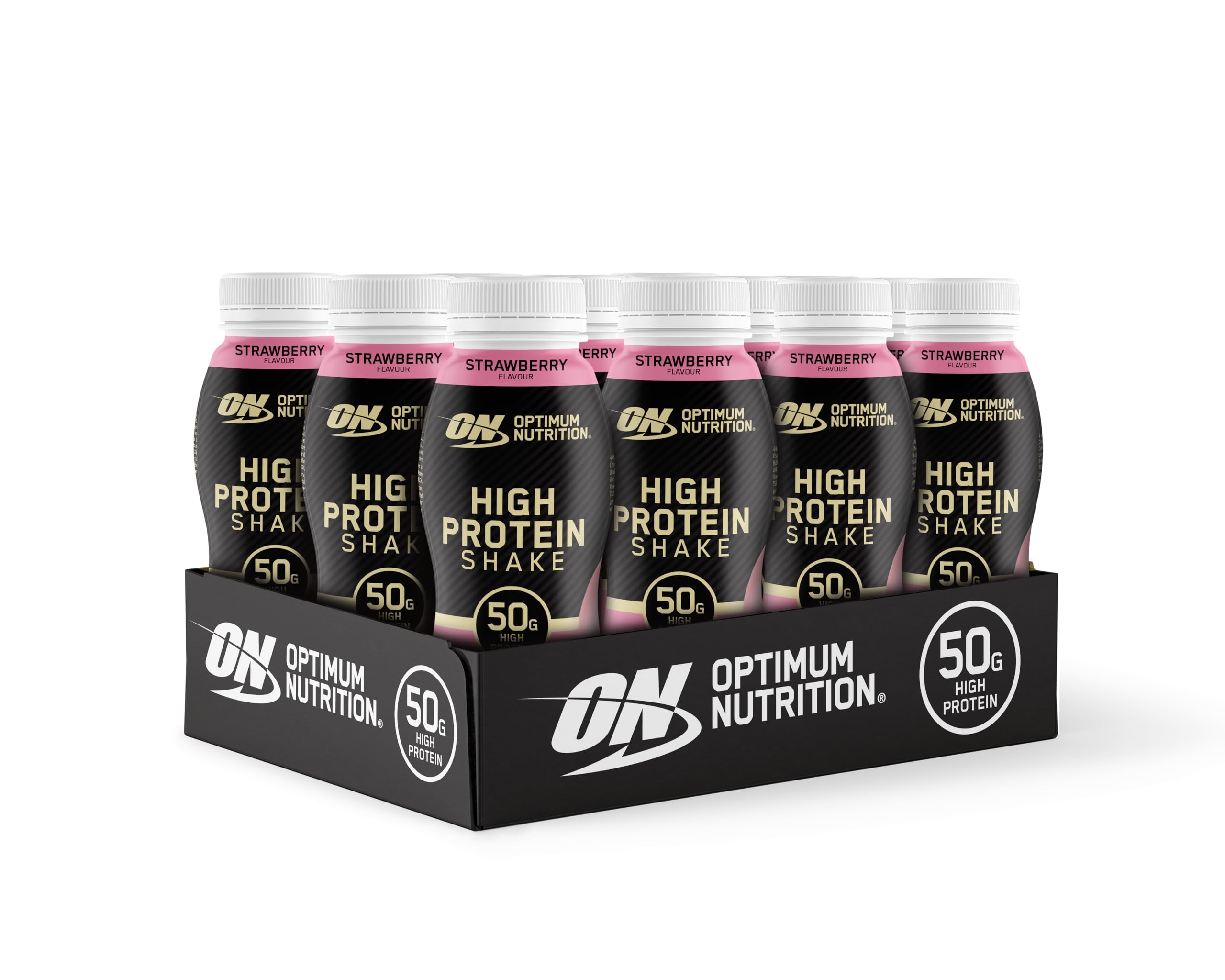Optimum Nutrition High Protein Shake Bottles, Ready to Drink Healthy Snacks, No Added sugars, Low Fat, Post Workout Snack for Men and Women, Strawberry Flavour, (10x500ml), Packaging May Vary