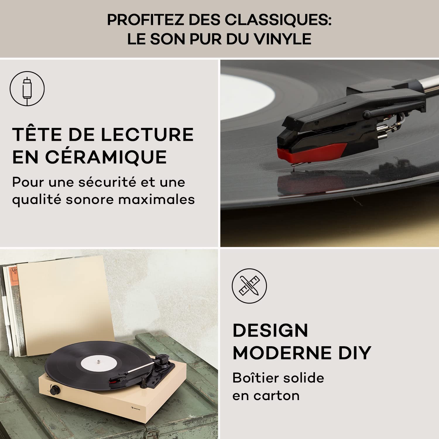 Auna Platine Vinyle, Tourne Disque Vinyle, Tourne-disques Audio 33 Tours en Verre Acrylique, Chaine HiFi, Platine Lecteur Vinyles, Haut-parleurs à Assembler, Système Stéréo, AUX