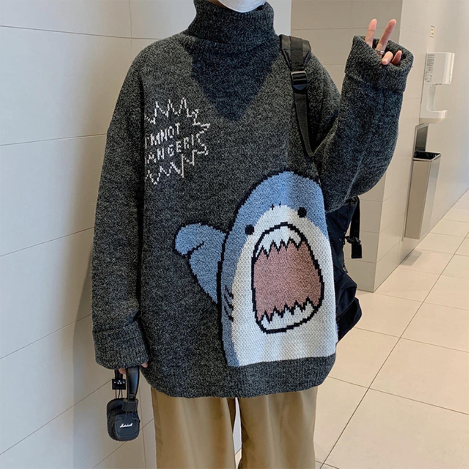 NIAN Turtlenecks Shark Sweater Winter Patchwor Harajuku Korean Style High Neck Oversized Grey Turtleneck