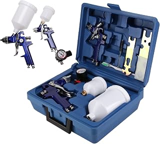 Shoze 2Pcs Air Spray Gun Set 600/250cc Cup Paint Sprayer Tool Kit 0.8/1.4mm Copper Nozzle and Pressure Gauge Gravity Quickly Feed Ultrafine Spray Paint Gun for Car Furniture Painting Handheld Sprayer