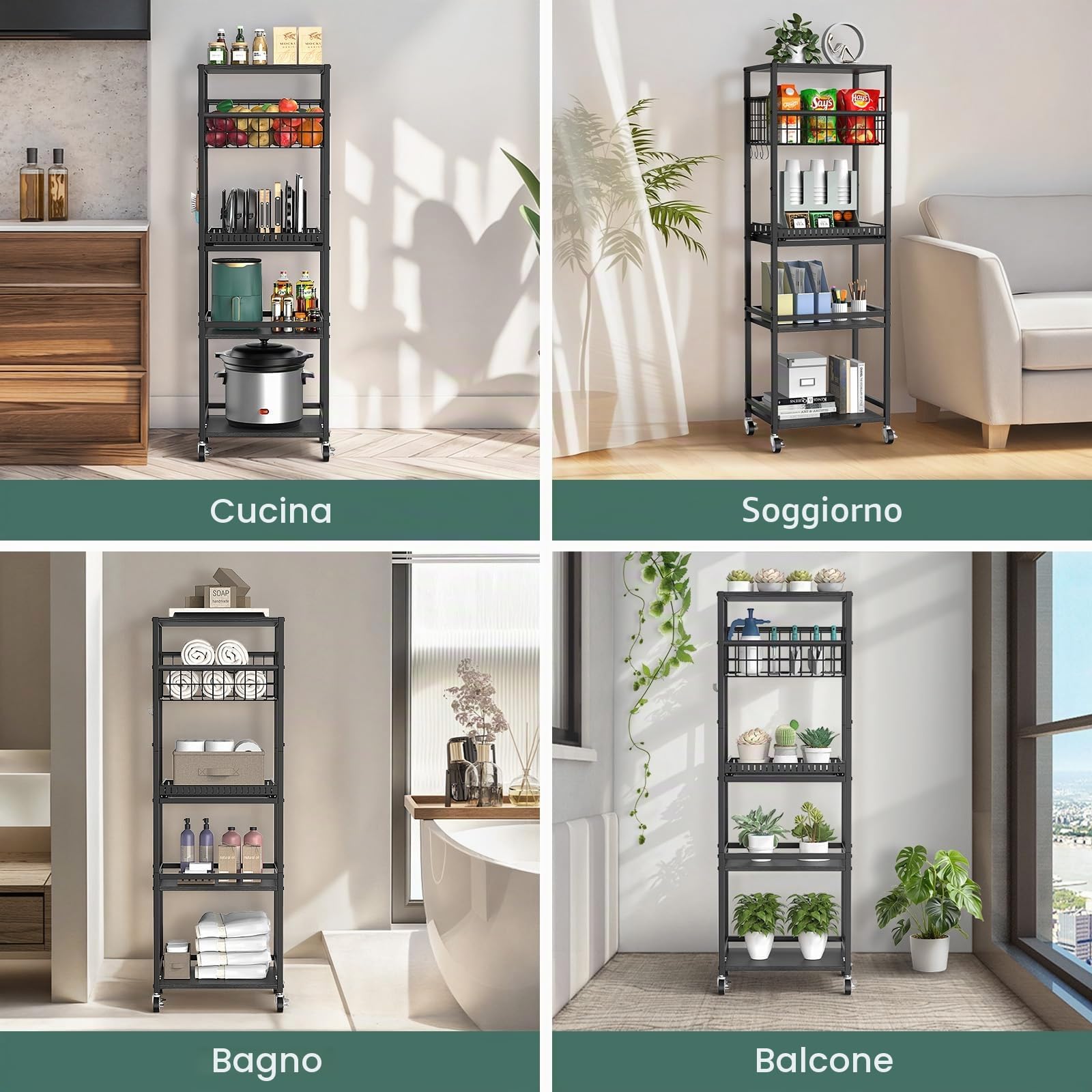 Housolution Carrello da Cucina a 5 Ripiani, Carrello Portaoggetti con Cestino in Metallo e Organizer per Tagliere e Coperchi Estraibili, Scaffale con Ripiano in Legno per Cucina, Dispensa, Bagno