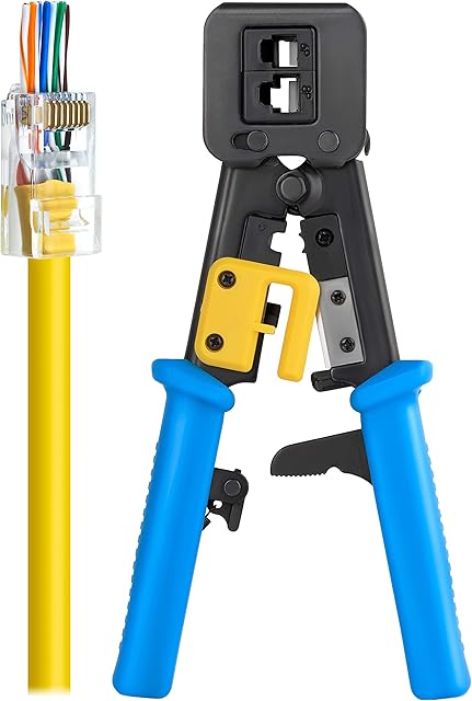 EMS RJ45 Crimp Tool for Pass Through Connector End | EZ Cut, Strip, Crimp Electrical Cable | Heavy Duty Crimper for RJ11 & RJ45 Plugs | Professional Networking Cat5/5e & Cat6, Tools & Accessories