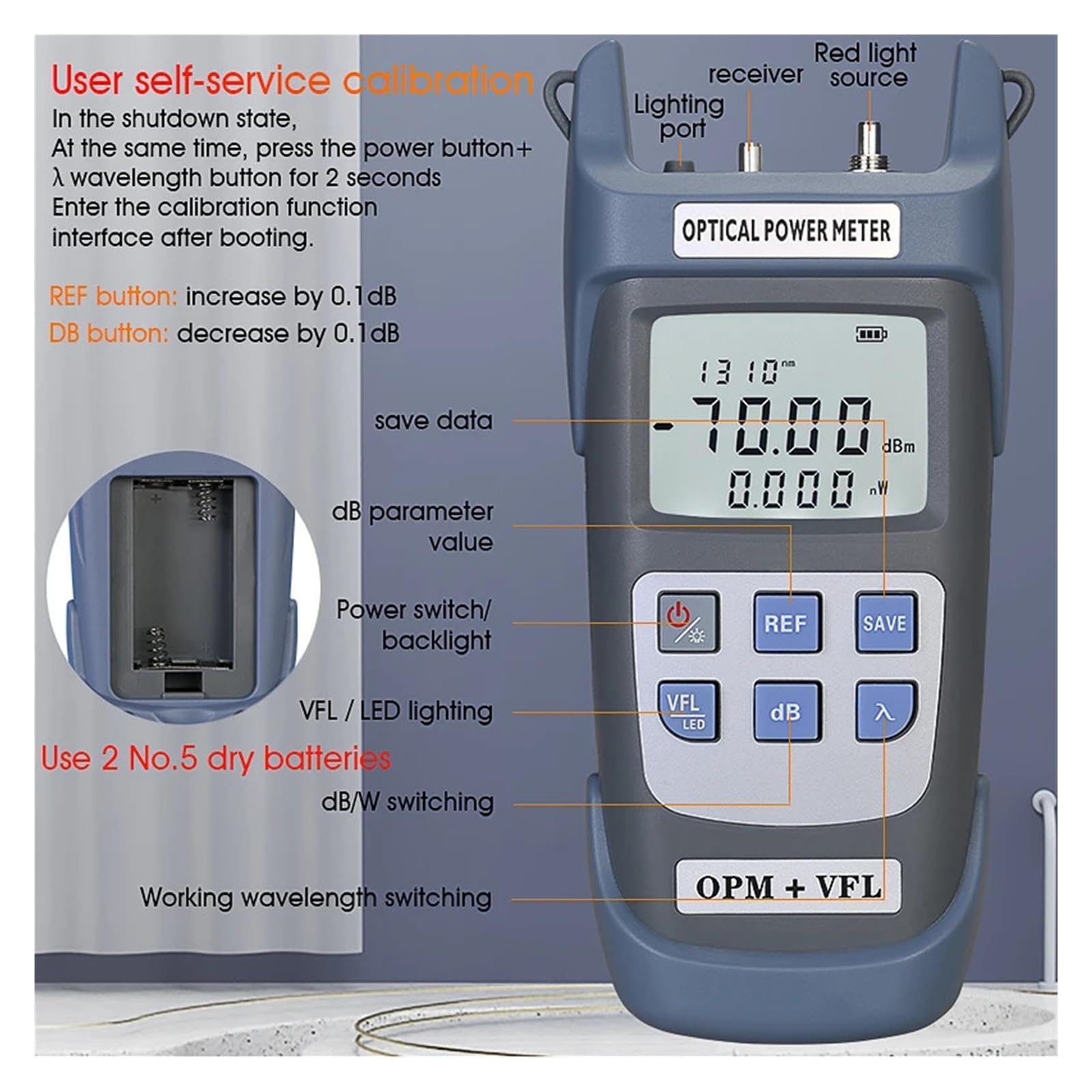 Compteur de puissance optique (OPM), localisateur visuel de défauts (1/10/15/30/50MW VFL), testeur de câbles à fibres optiques FTTH, AUA-G710B Erreur faible