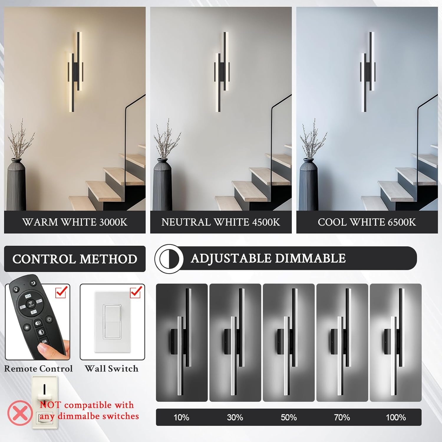 LED Wall Sconce Set of 2 Black Remote Modern LED Vanity Lights Set of 2 Indoor Wall Light Fixtures for Living Room, Dimmable Wall Sconce for Bedside Bedroom Bathroom, 23.6inch 2 Pack