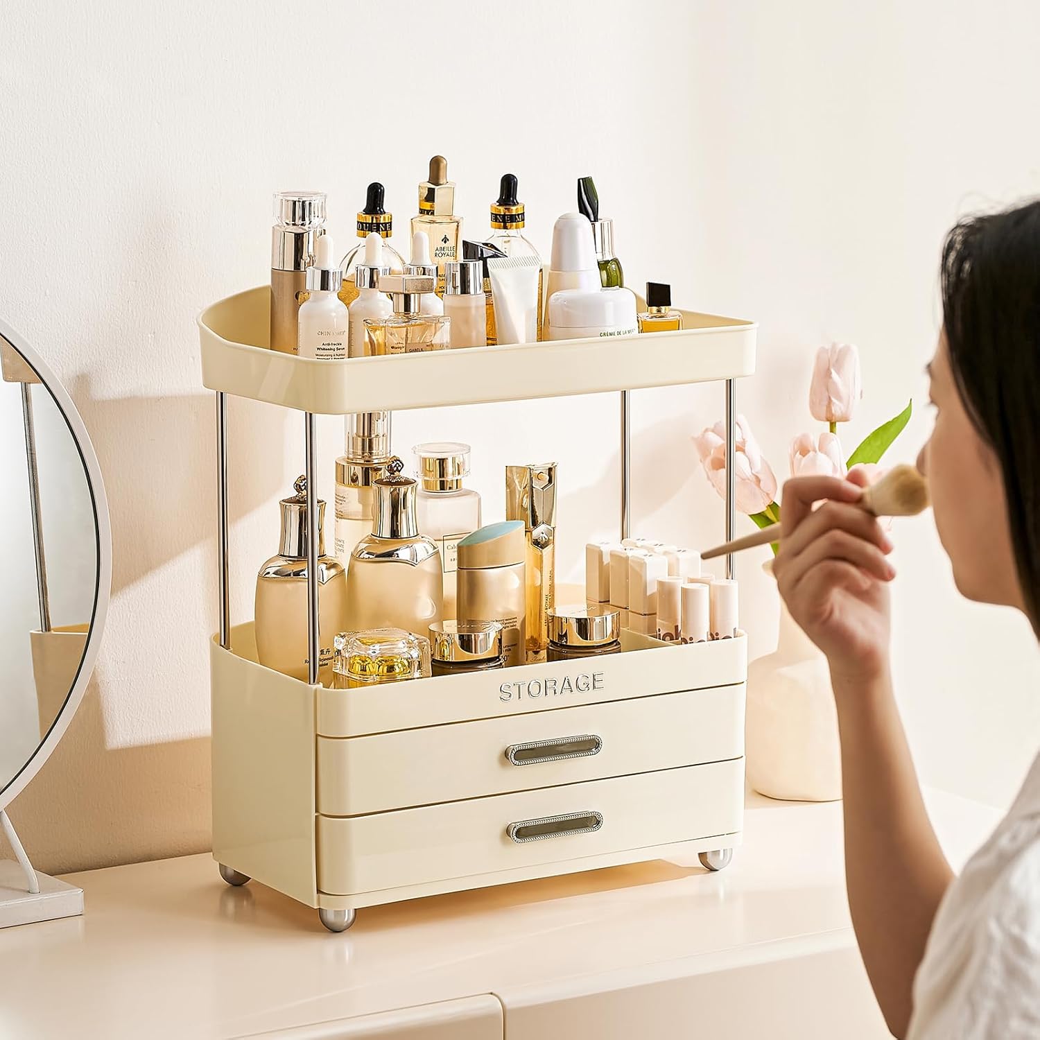 Bathroom Organizers and Storage | 2-Tier 2-Drawer Makeup Organizer Countertop, Easy to Install & Multi-Purpose - Counter & Sink Storage Shelf for Vanity, Skincare, Perfume, Present, and More