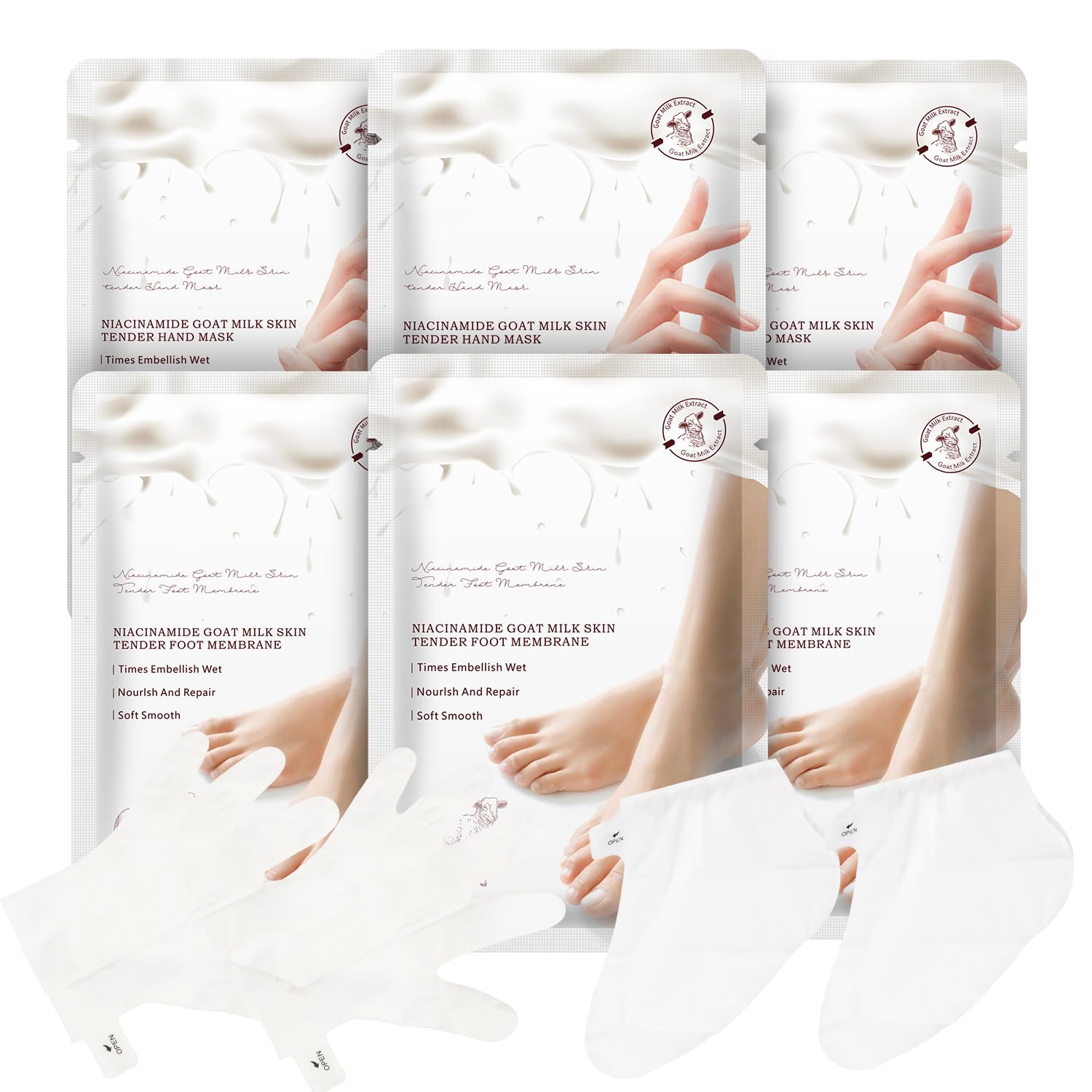 Hydrating Hand Foot Masks Set for Women Men,3 Pack Glove Mask for Dry Hand & 3 Pack Socks Mask for Dry Cracked Feet（Milk） GoatMilk-3Gloves&3Sock