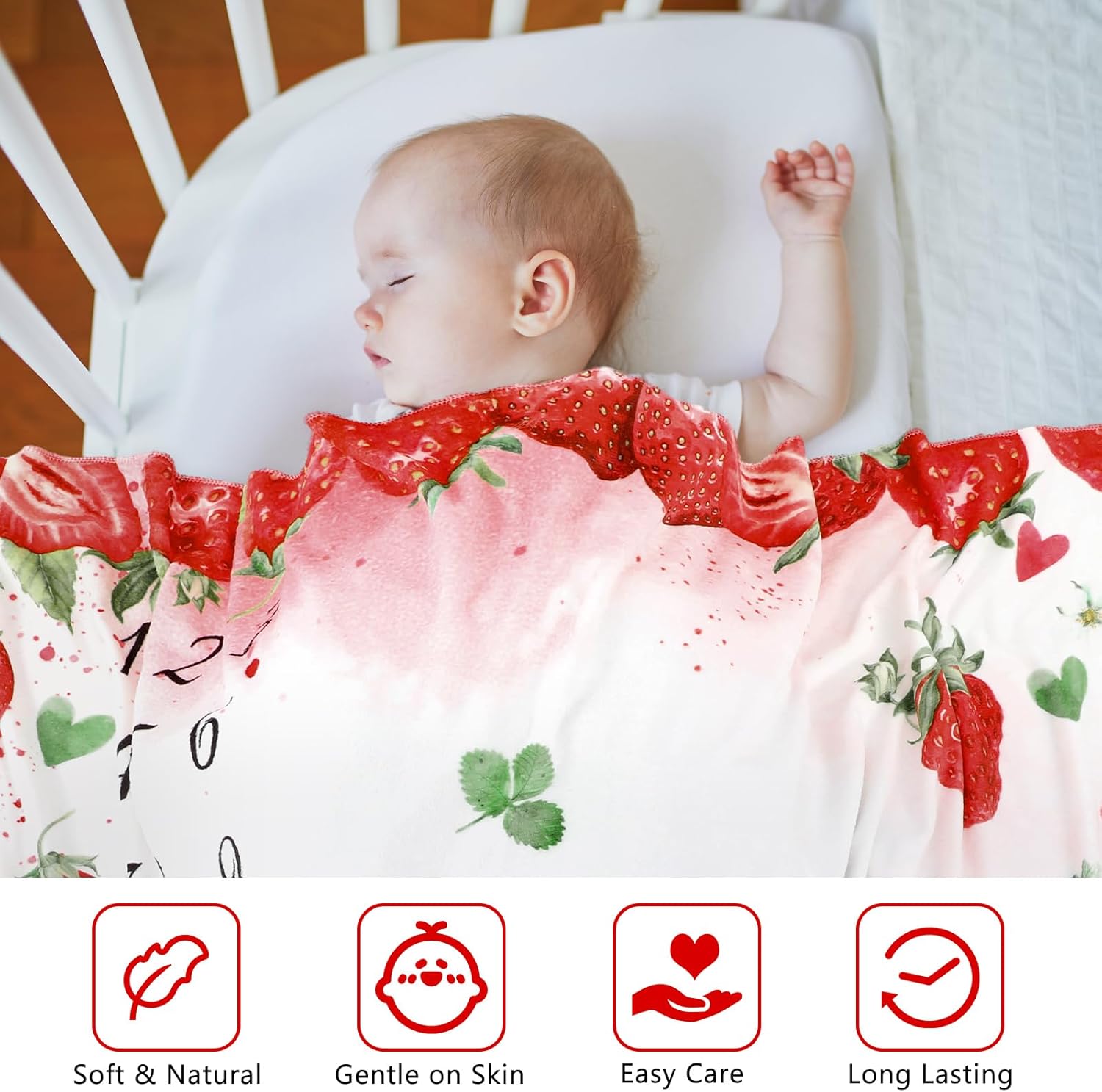 Nuanchu Baby Monthly Milestone Blanket Baby Girl Boy 60 x 40 Soft Fleece First 12 Months Growth Chart Newborn Photography Background Baby's First Year Milestone Blanket Nursery Decor (Strawberry) image 7 of 7 B0F48N64S9