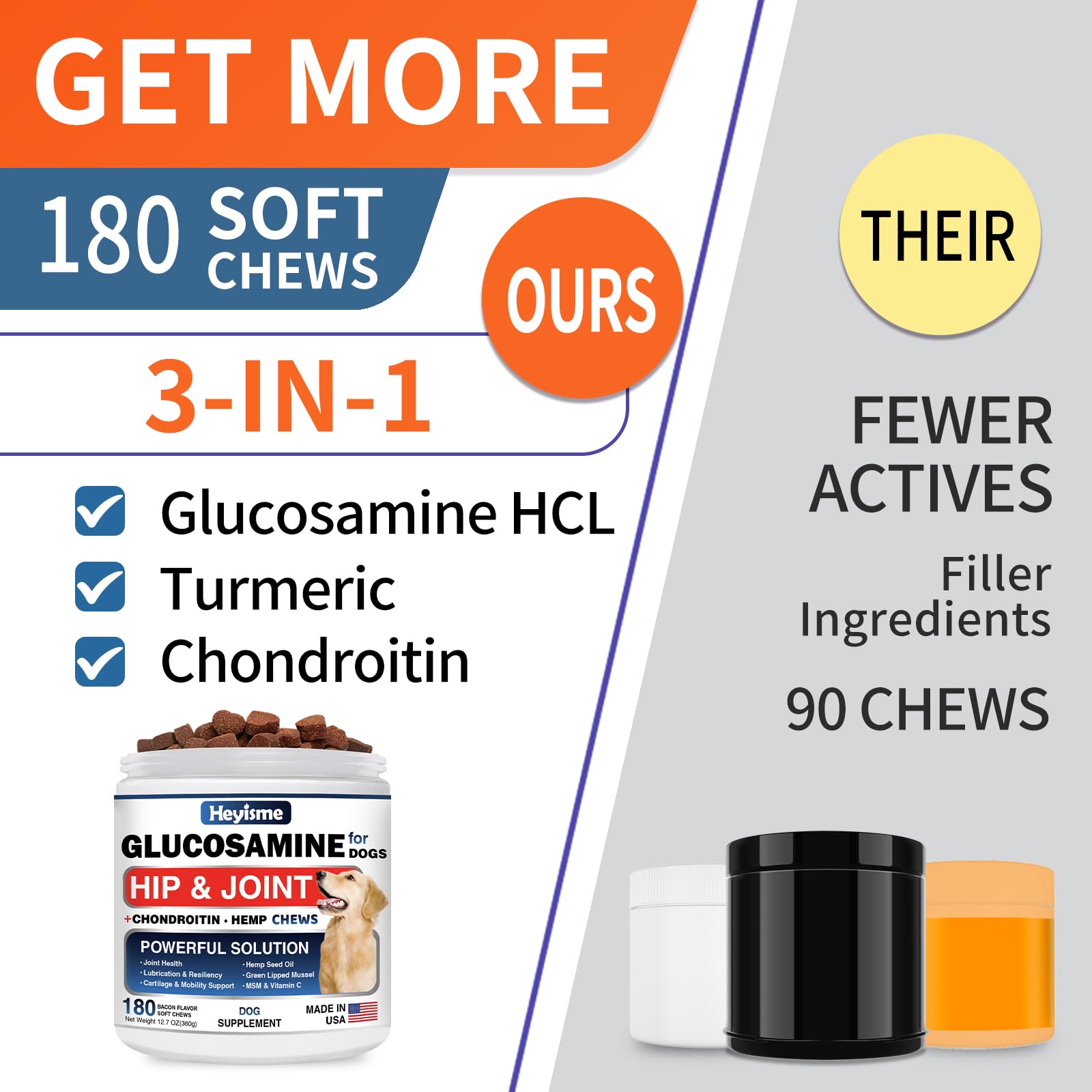 Glucosamine for Dogs, 180 Chews Hip and Joint Supplement for Dogs, Glucosamine Chondroitin, MSM Hemp Dog Joint Pain Relief, Dog Joint Supplement Health Mobility Support (180 Chews, Bacon) - image 5