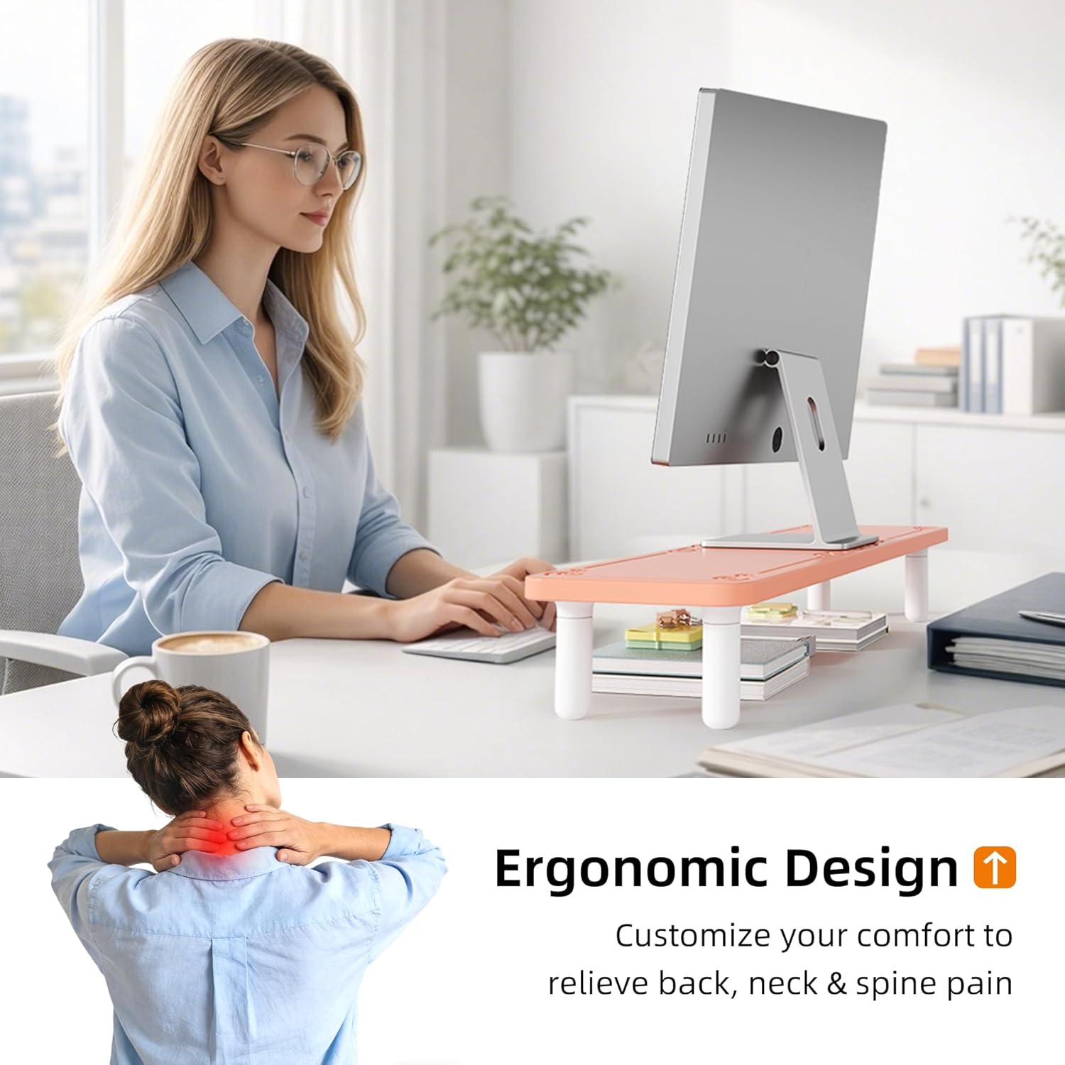 AFOOYO Dual Monitor Stand For Desk,31 Inch Adjustable Wood Computer Riser Desktop Storage Stand For Computer,Laptop,Printer,TV,Pink Scroll
