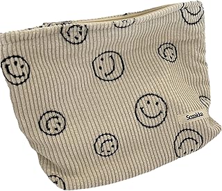 Retro Corduroy Smiley Cosmetic Bag，Makeup Bags for Purse Zipper Cosmetic Pouch, Aesthetic Women Handbags Purses, Girls Pencil Case Bags(Beige Smile)