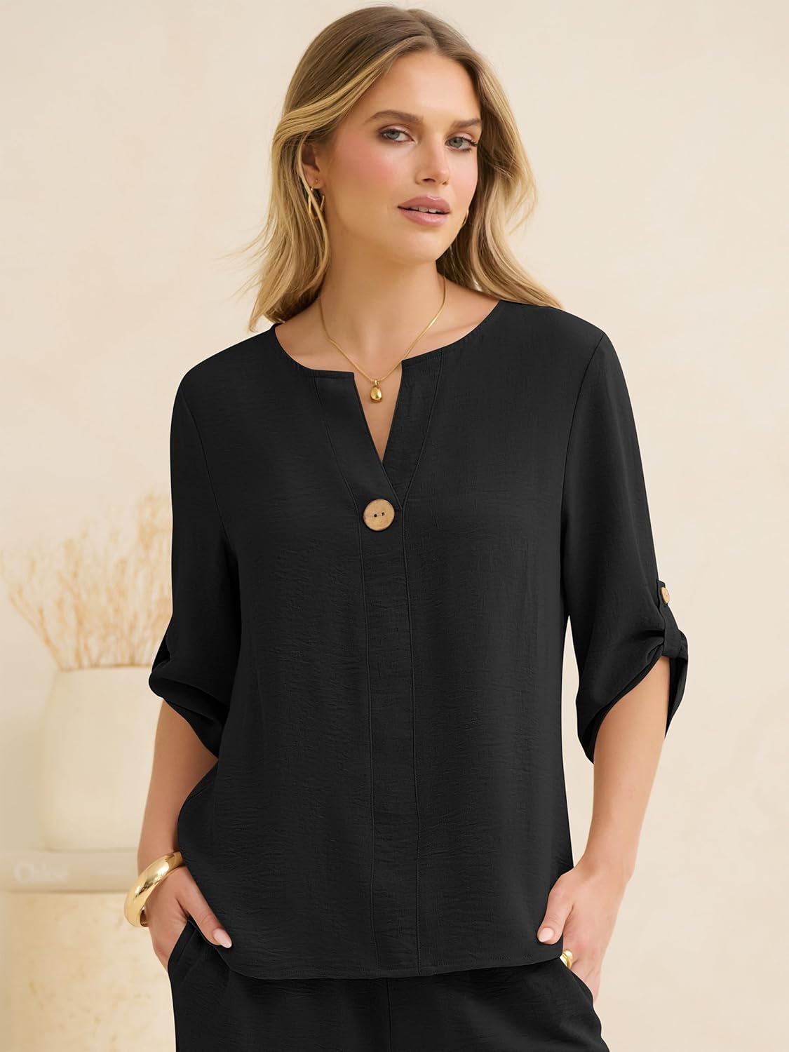 ANRABESS Womens Summer 2 Piece Lounge Sets 3/4 Sleeve V Neck Top Wide Leg Palazzo Pants Set 2026 Beach Travel Outfits - Image 3