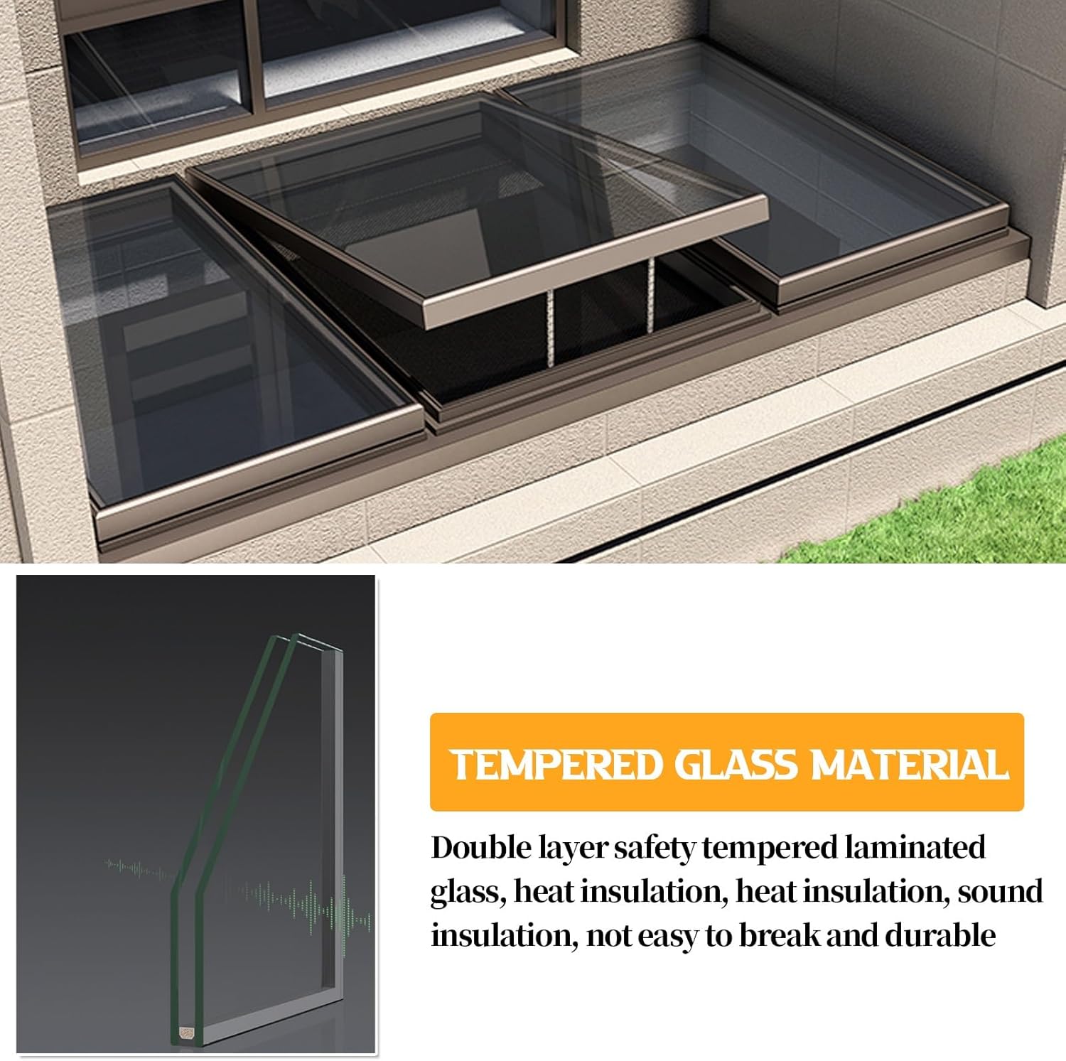 Roof Windows Aluminum Roof Hatch Deck Double-layer tempered glass is strong and durable Large Skylights Rainproof and durable Easy to assemble Suitable for outdoor use(22.83x30.71in)