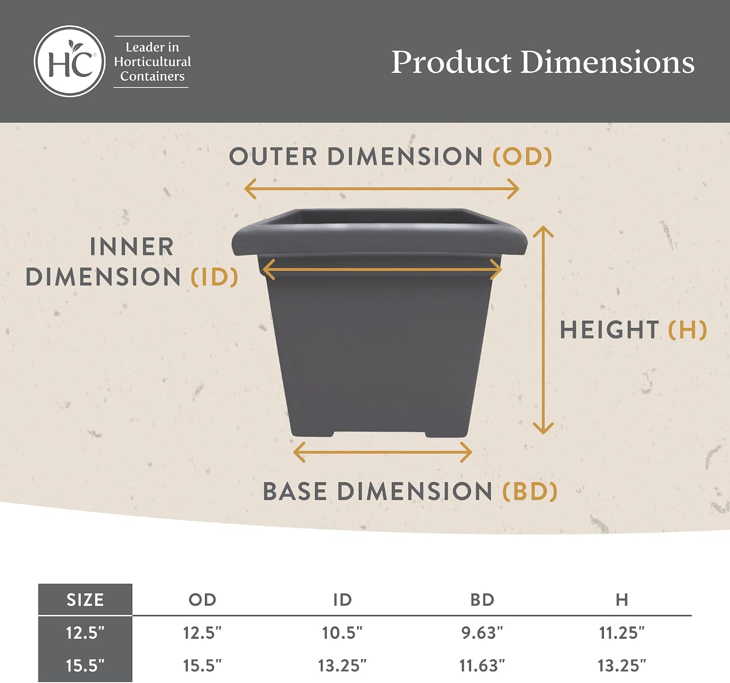 The HC Companies Accent Square Plant Pot w/Drainage - Classic Planters for Outdoor Plants & Indoor Plants - Lightweight & UV-Resistant Square Planter Box (15.5”, Black, Pack of 1)