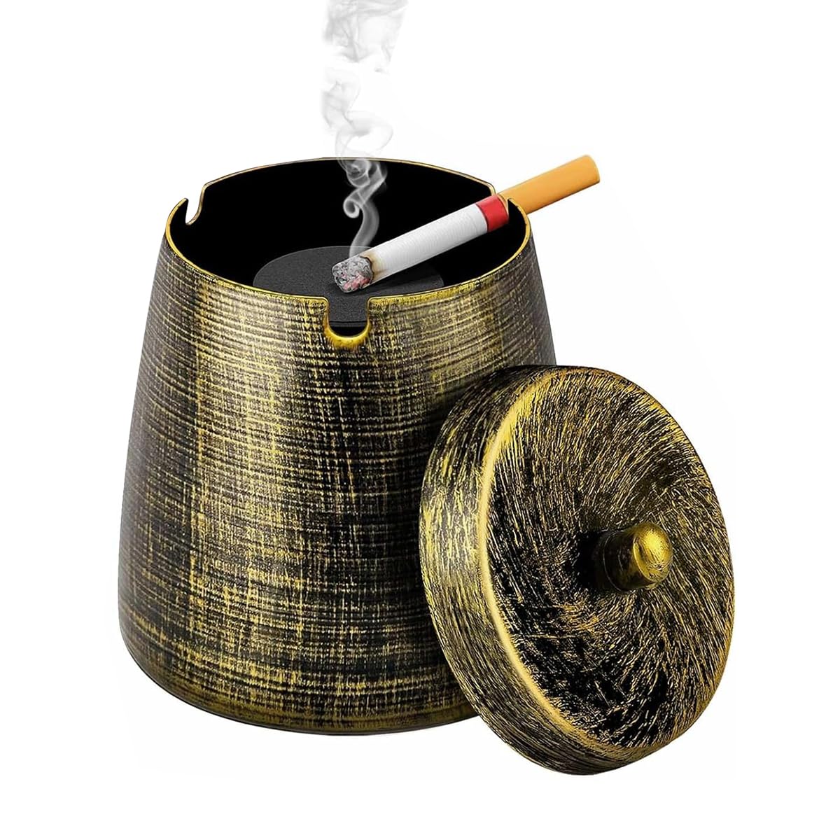 Ashtray for Cigarette with Lid, Vintage Windproof Metal Ash Tray for Car, Office, Living Room, Outdoor, Indoor, Fancy Gift for Smokers