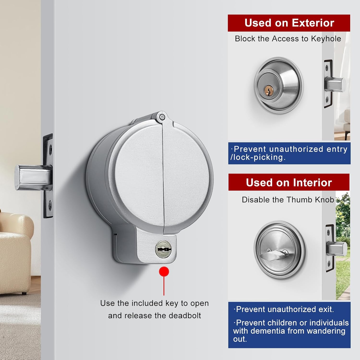Deadbolt Security Guard with Keys, Block The Access to Keyhole/Thumb Turn, Disable Deadbolt Lock, Metal Protector Shield Lockout Device