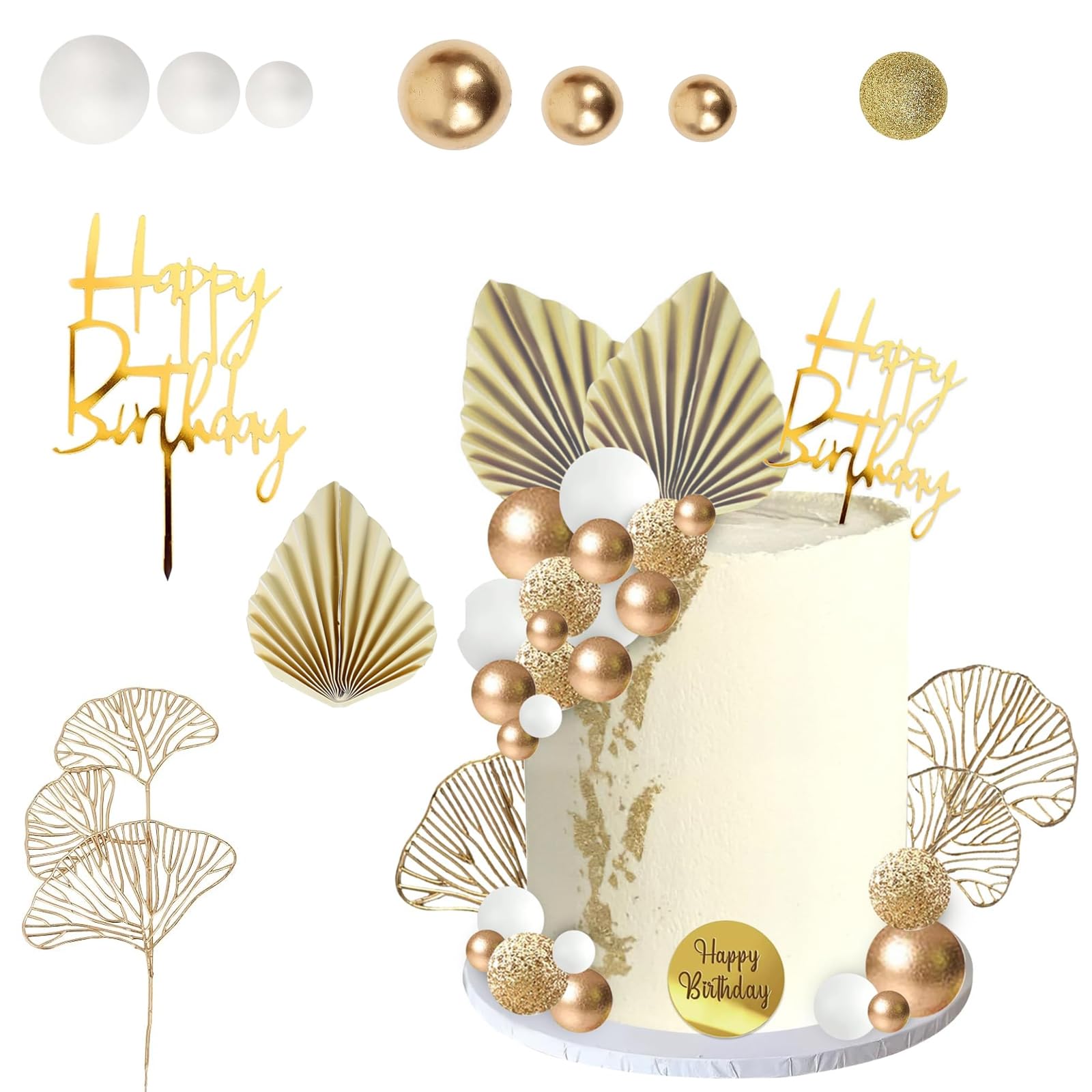 Ball Cake Topper Decorations, 29 Pcs Boho Cake Topper, Balls Cakes Toppers and Leaves Decoration Set Balls Palm Leaves Bohemian Cakes Toppers for Birthday Wedding Shower Party Decoration