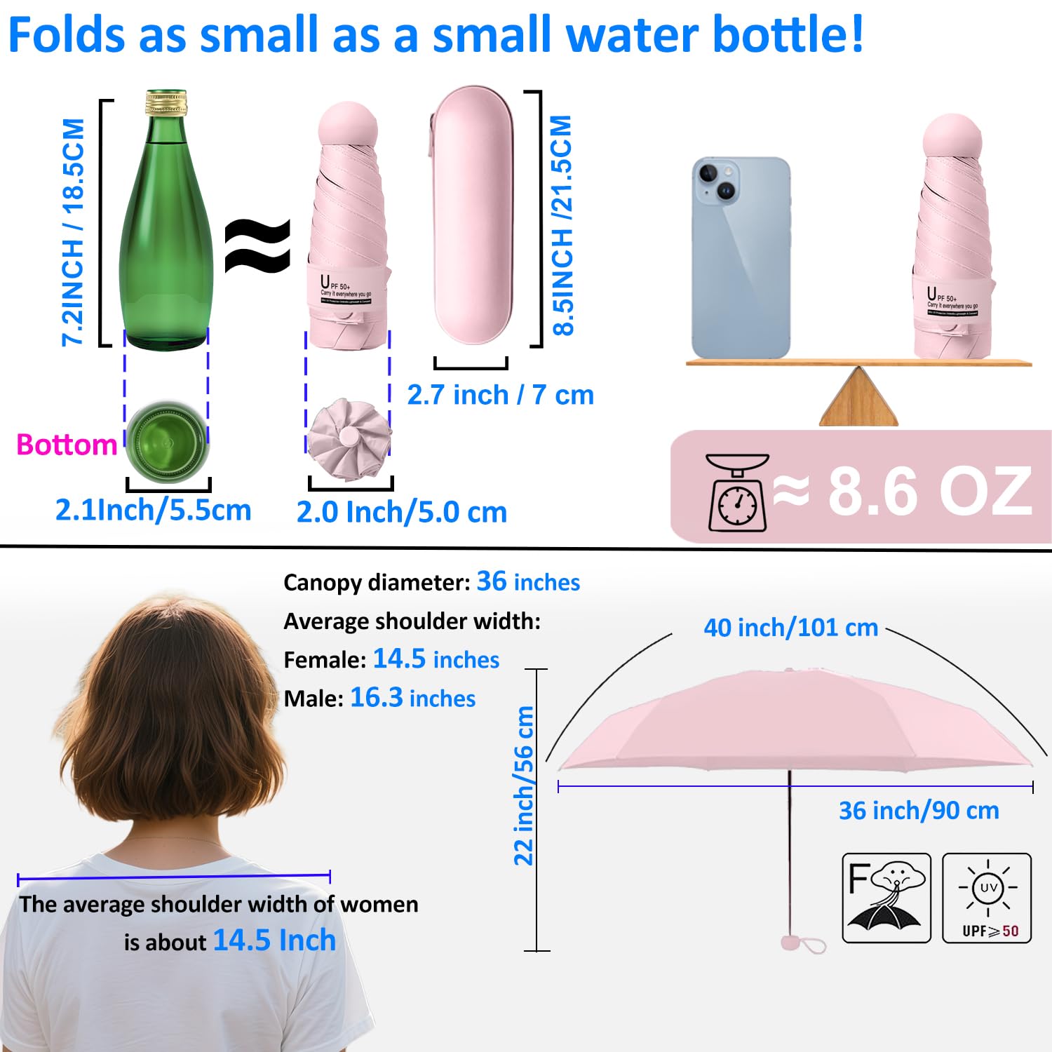 BAODINI Podróżny mini parasol do torebki z etui-mały kompaktowy parasol chroniący przed promieniowaniem UV lekki mały parasol kieszonkowy UPF 50+ dla kobiet dziewcząt mężczyzn