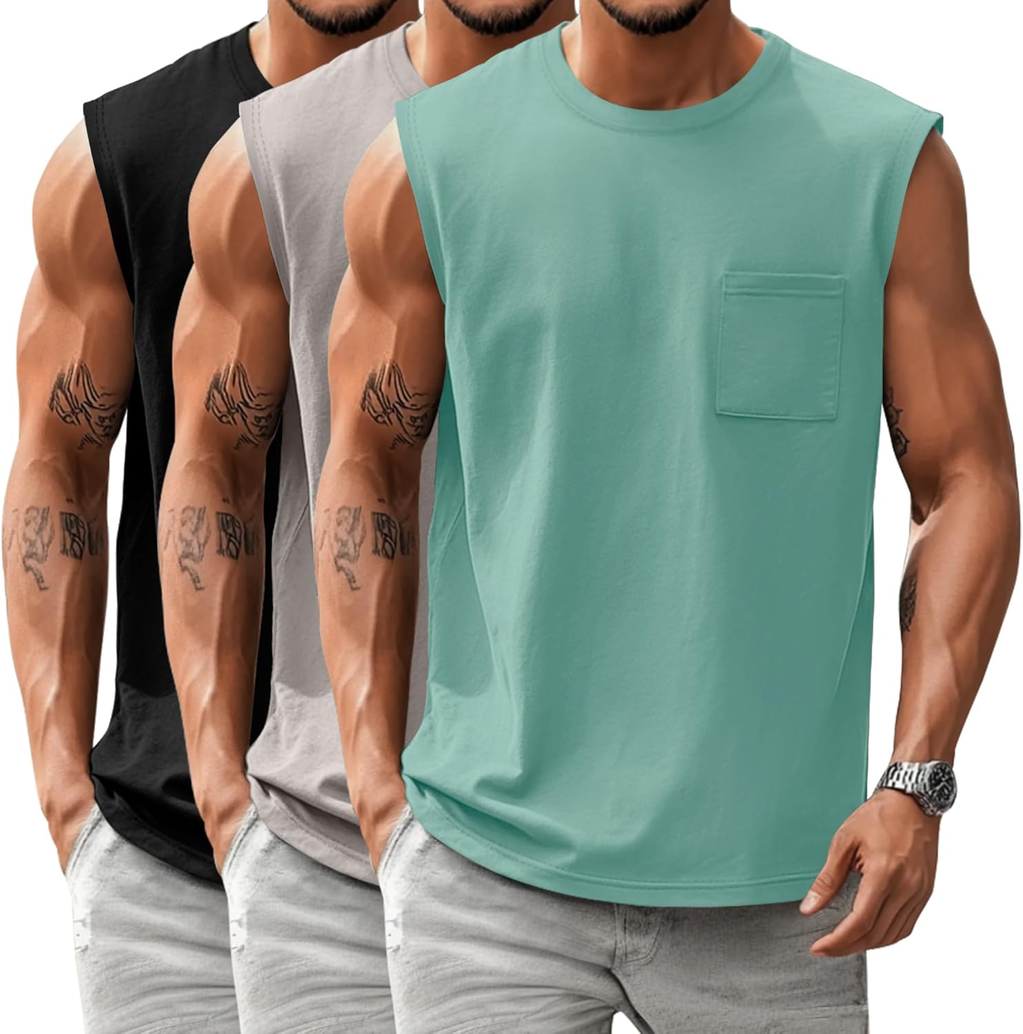 Huukeay 3 Pack Cotton Men's Big and Tall Sleeveless Tank Tops Muscle Shirts Gym Casual Workout Tees with Pocket