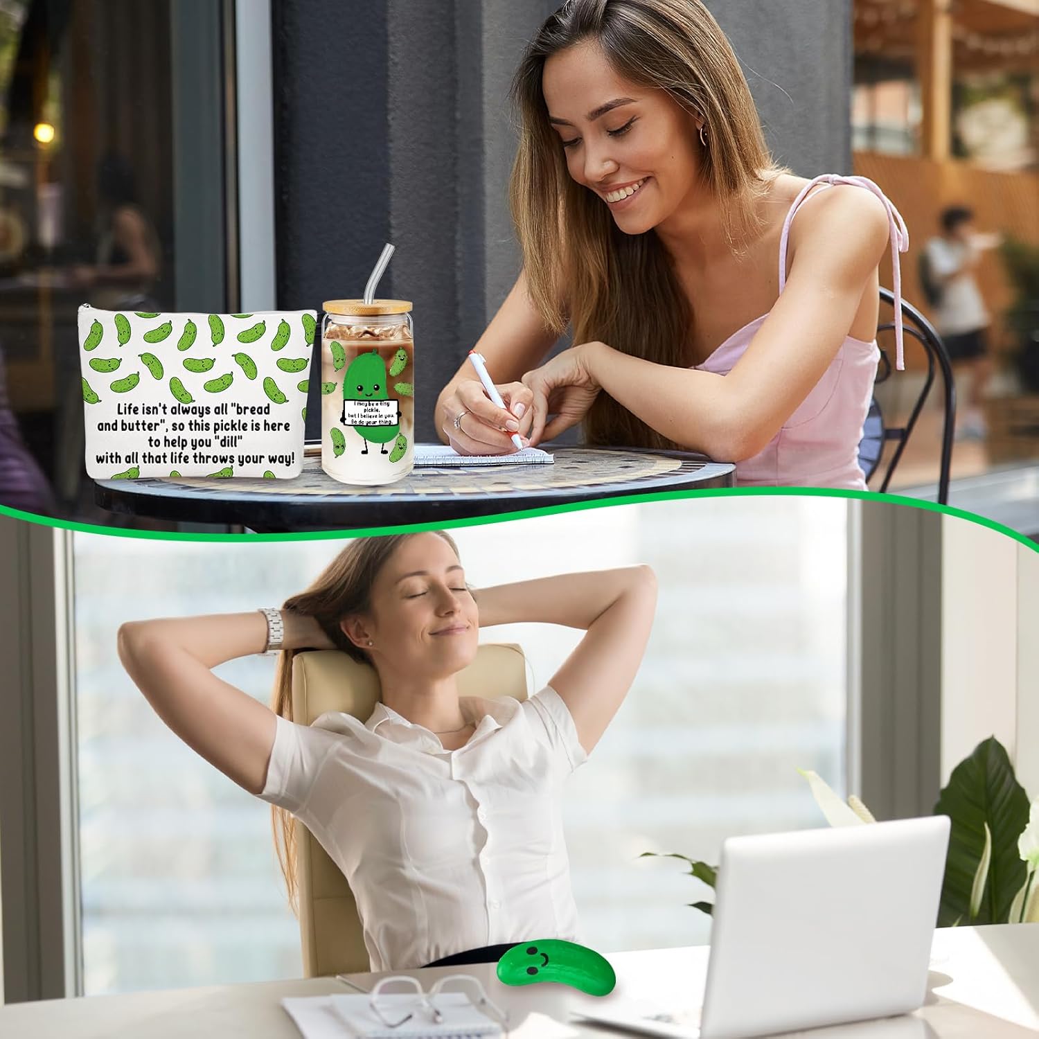 Sliner 3 Pcs Pickle Gifts for Employee Teacher Coworker Staff Positive Support Dill Pickle Appreciation Gifts 16 oz Glass Tumbler Makeup Bag Stress Employee Appreciation Day Gift for Nurse Volunteer - Image 6