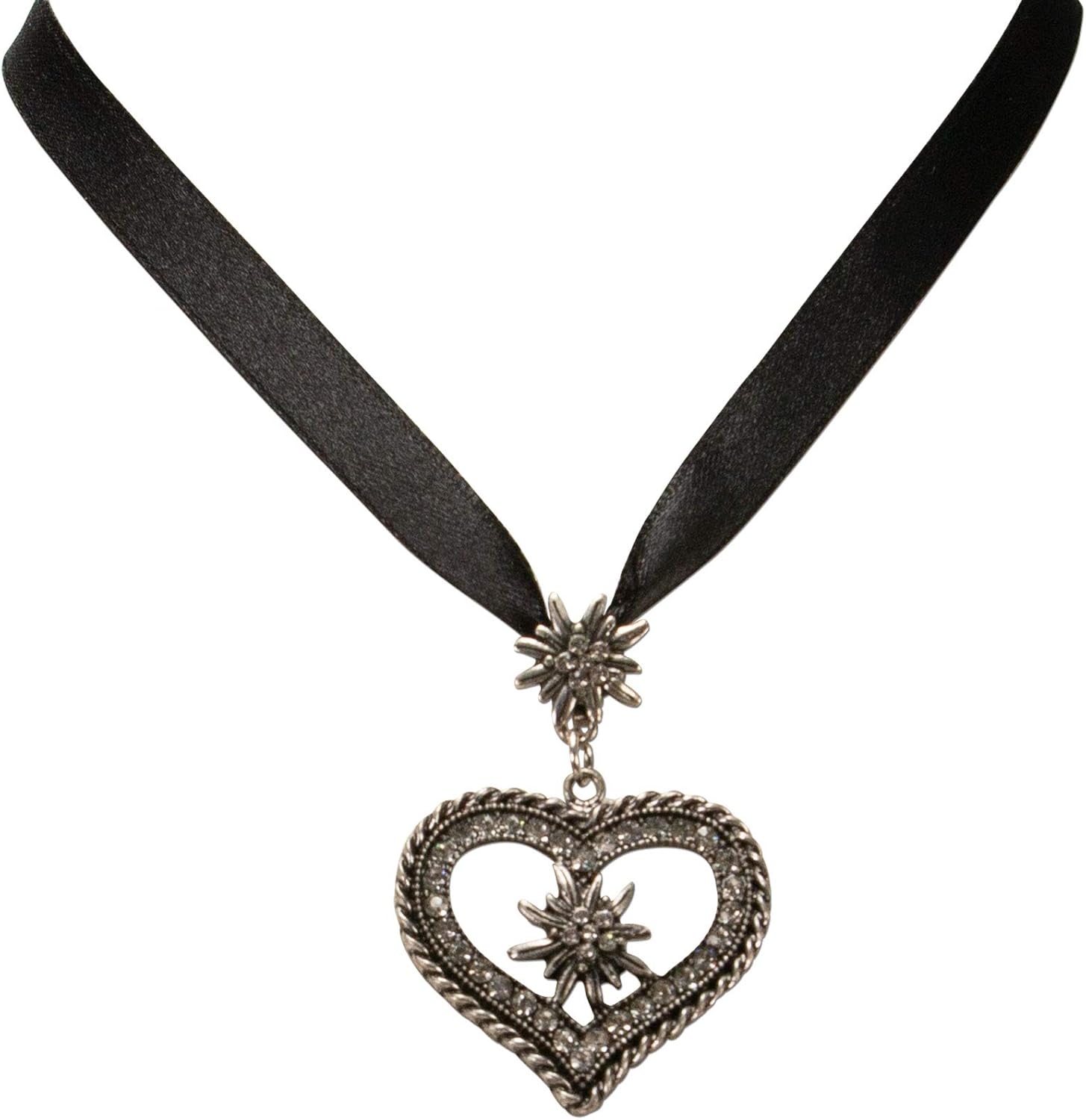 Alpenflüstern Bavarian satin ribbon necklace with rhinestone Edelweiss heart, Ladies costume jewelry, traditional german pendant necklace for Dirndl, Leather trouser, Oktoberfest (black) - Image 3