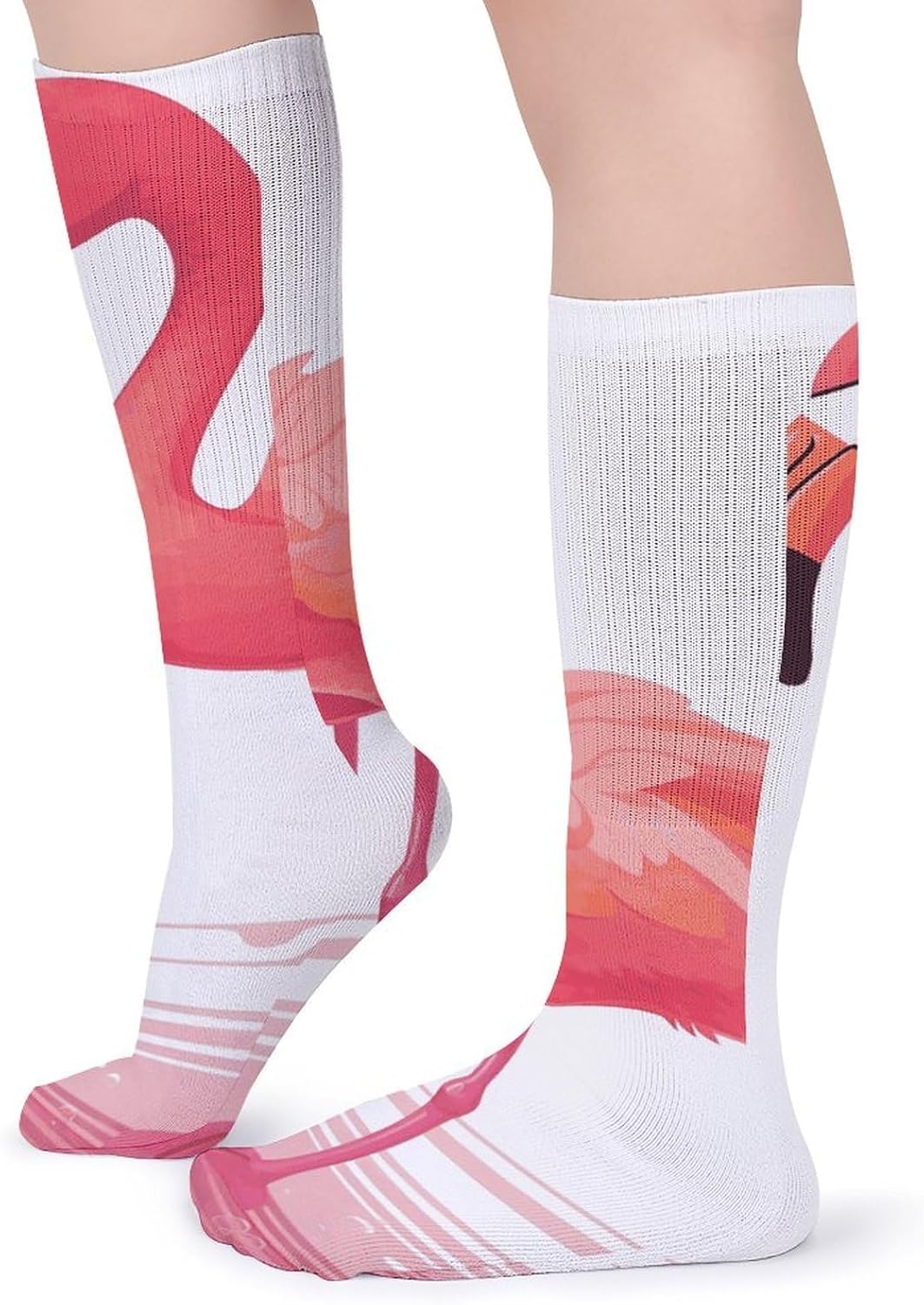 Breathable Crew Sock, Moisture Wicking, Athletic Calf Socks, Cozy | Cartoon Flamingo Compression Socks for Women Men, Lightweight High Work Socks for Business, Casual