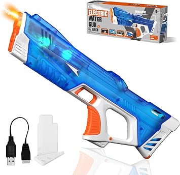 Pakoo Electric Water Gun for Adults Kids, High-Capacity Automatic Squirt Gun with LED Lights, 32FT Long Range Transparent Water Blaster, Summer Outdoor Pool & Beach Party Toys for Boys GirlsBlue