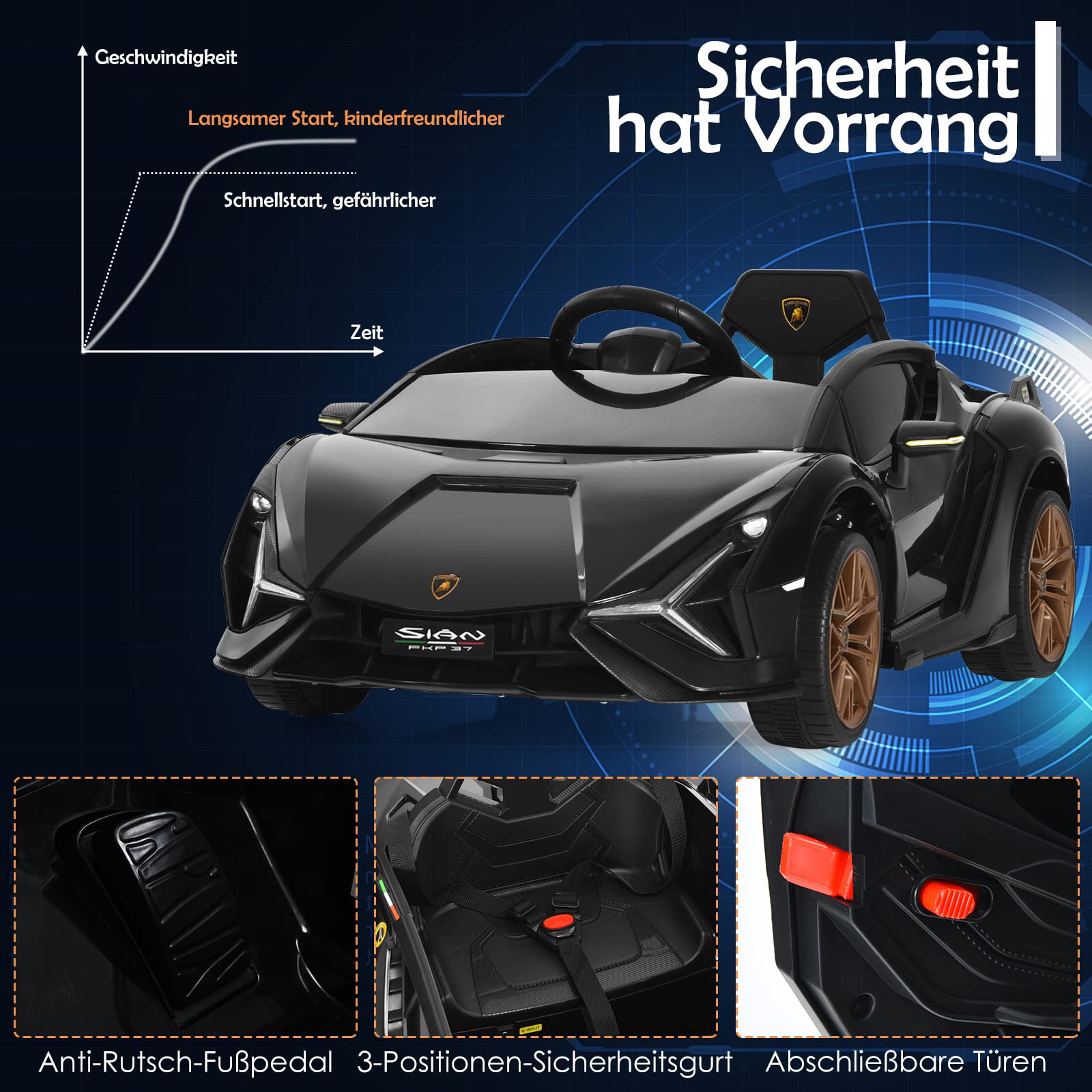 COSTWAY 12 V Lamborghini dziecięcy samochód elektryczny z pilotem zdalnego sterowania 2,4 G, samochód dziecięcy 3-5 km/h z MP3, radiem, muzyką i reflektorem LED, dla dzieci w wieku 3-6 lat (czarny)